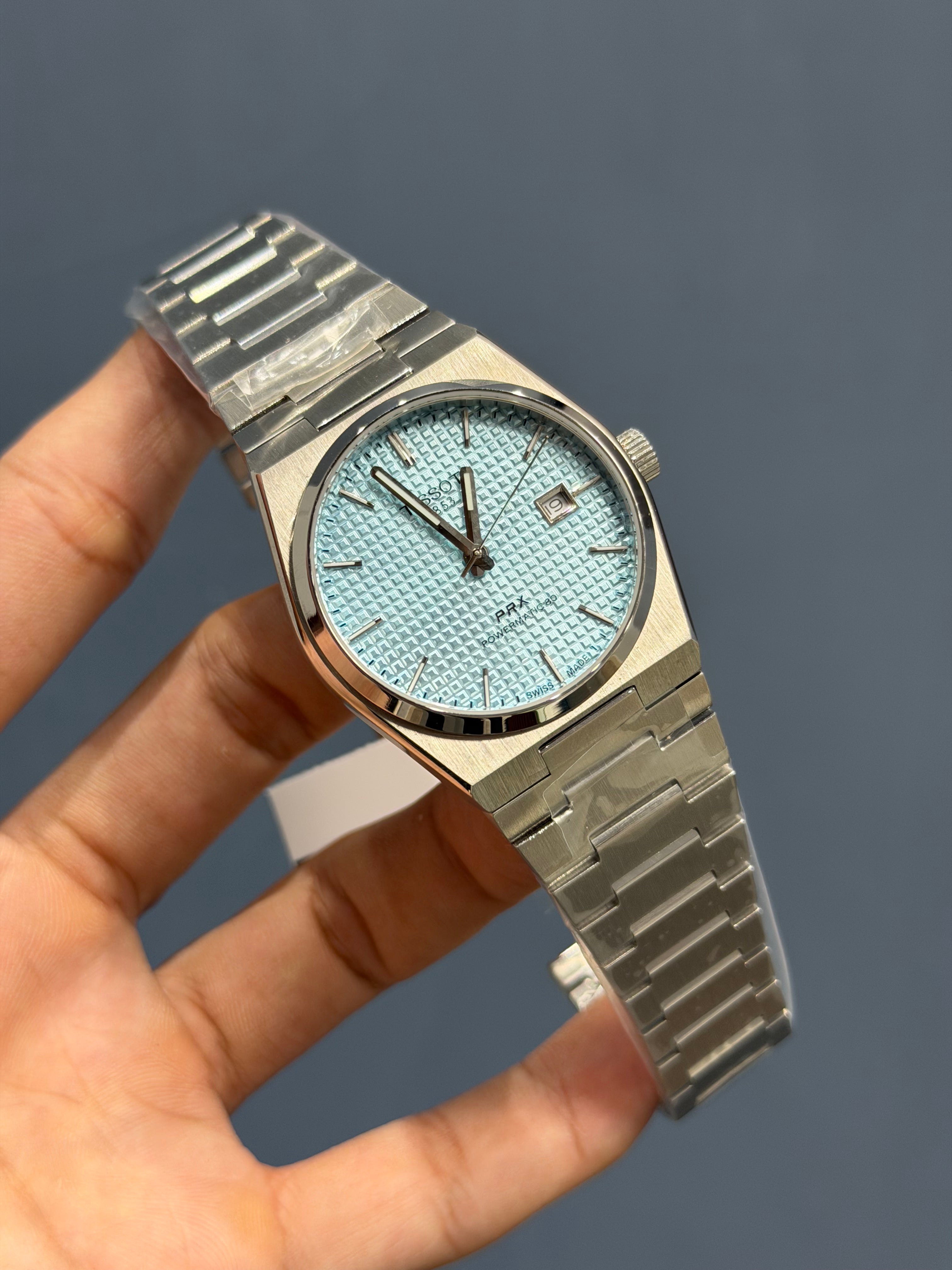 NEW COLLECTION SILVER WITH SKY BLUE TEXTURED DIAL STAINLESS STEEL AUTOMATIC WATCH