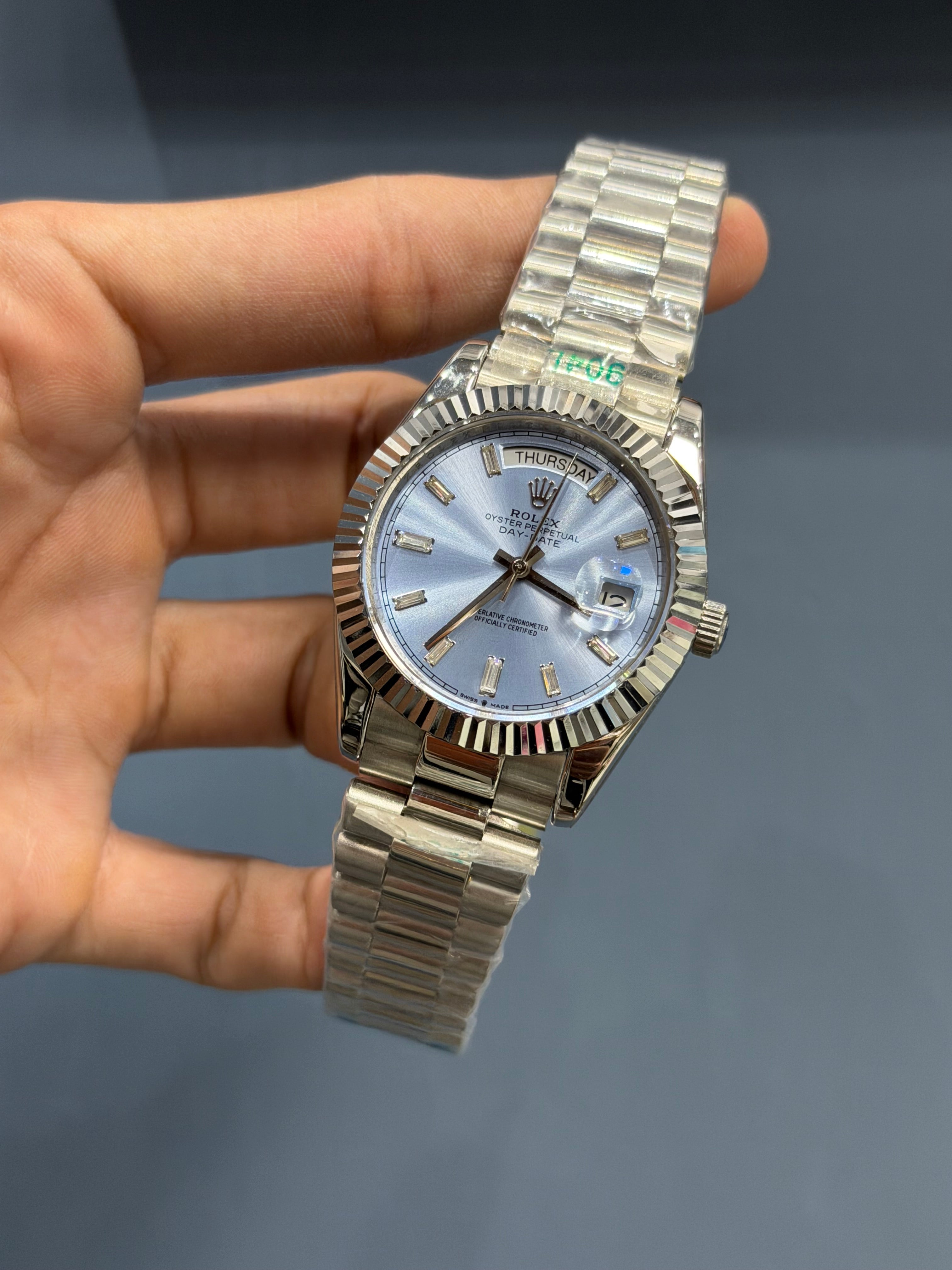 NEW COLLECTION 40MM SILVER WITH SKY BLUE DIAL SHORT STONE INDEX FIGURE YZ MADE