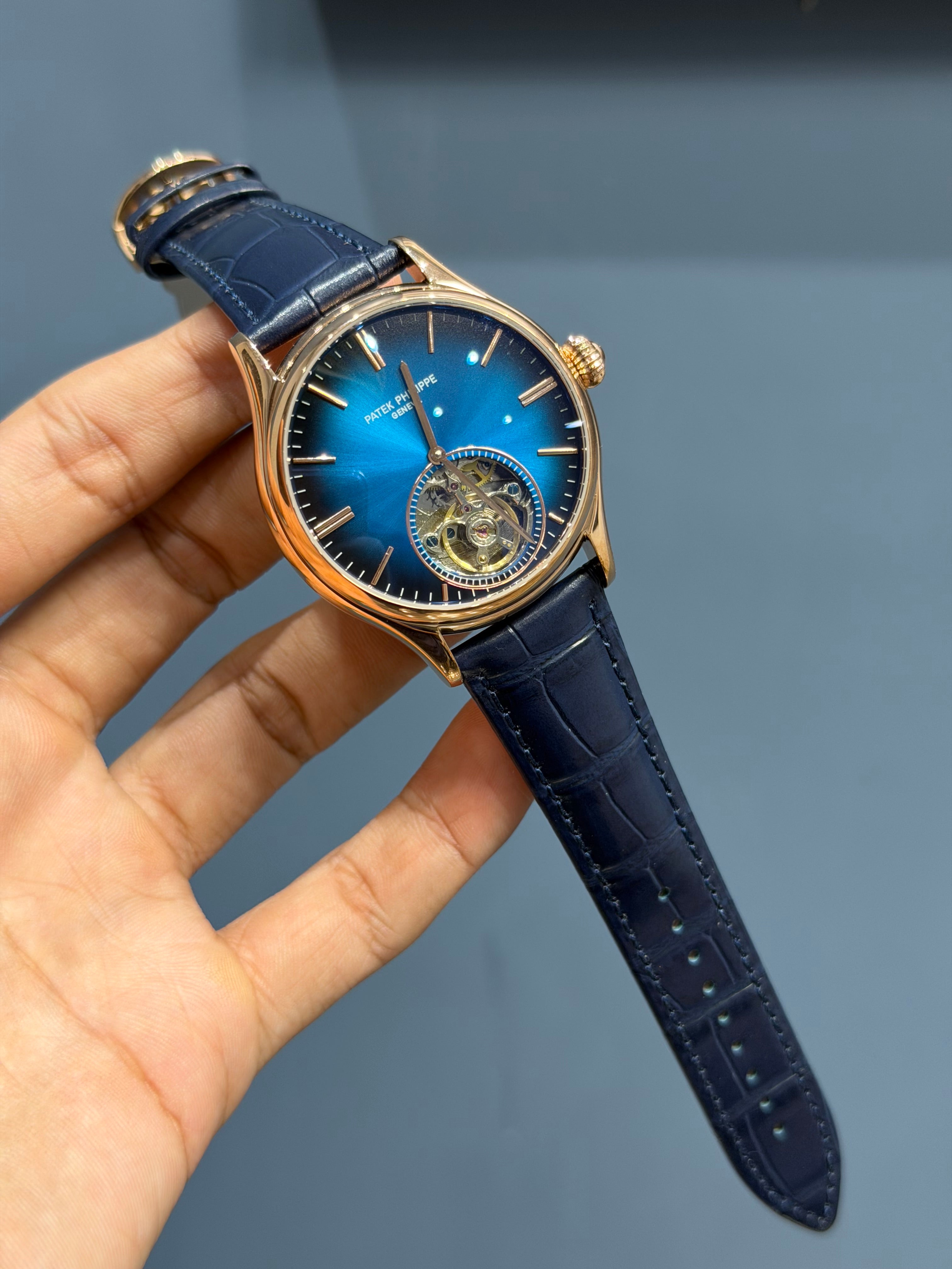 NEW COLLECTION TOURBILLON ROSE CASE WITH BLUE DIAL & BLUE LEATHER STRAP
