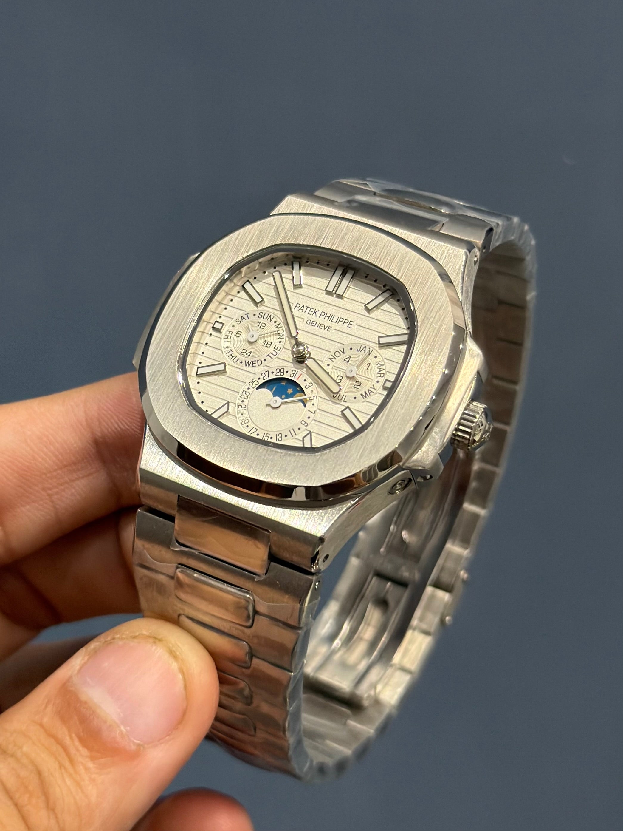 NEW COLLECTION MOON PHASE CHRONOGRAPH SILVER CASE WITH WHITE DIAL AUTOMATIC WATCH