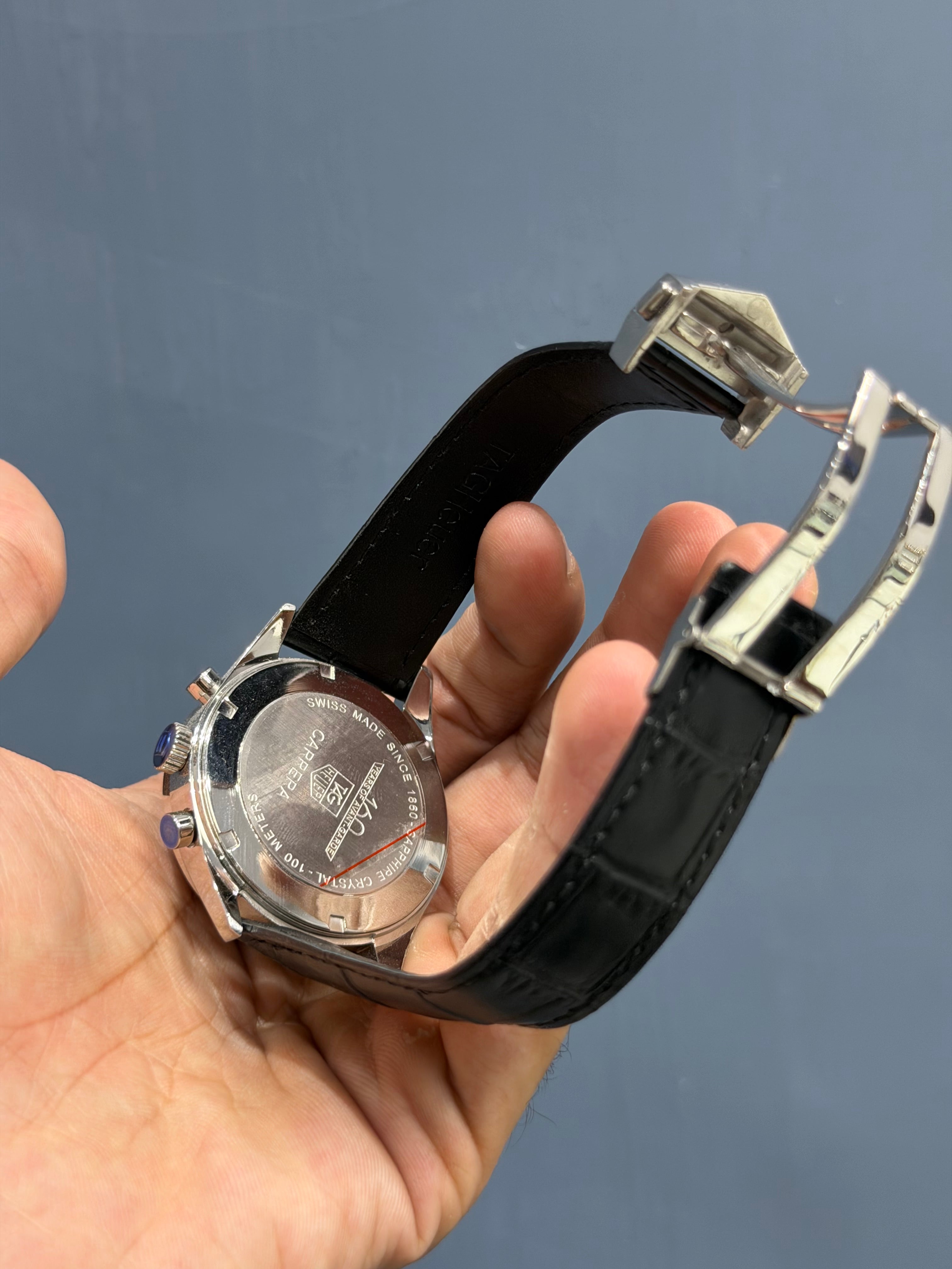 NEW COLLECTION CHRONOGRAPH SILVER WITH CHERRY DIAL BLACK LEATHER WATCH FOR MEN