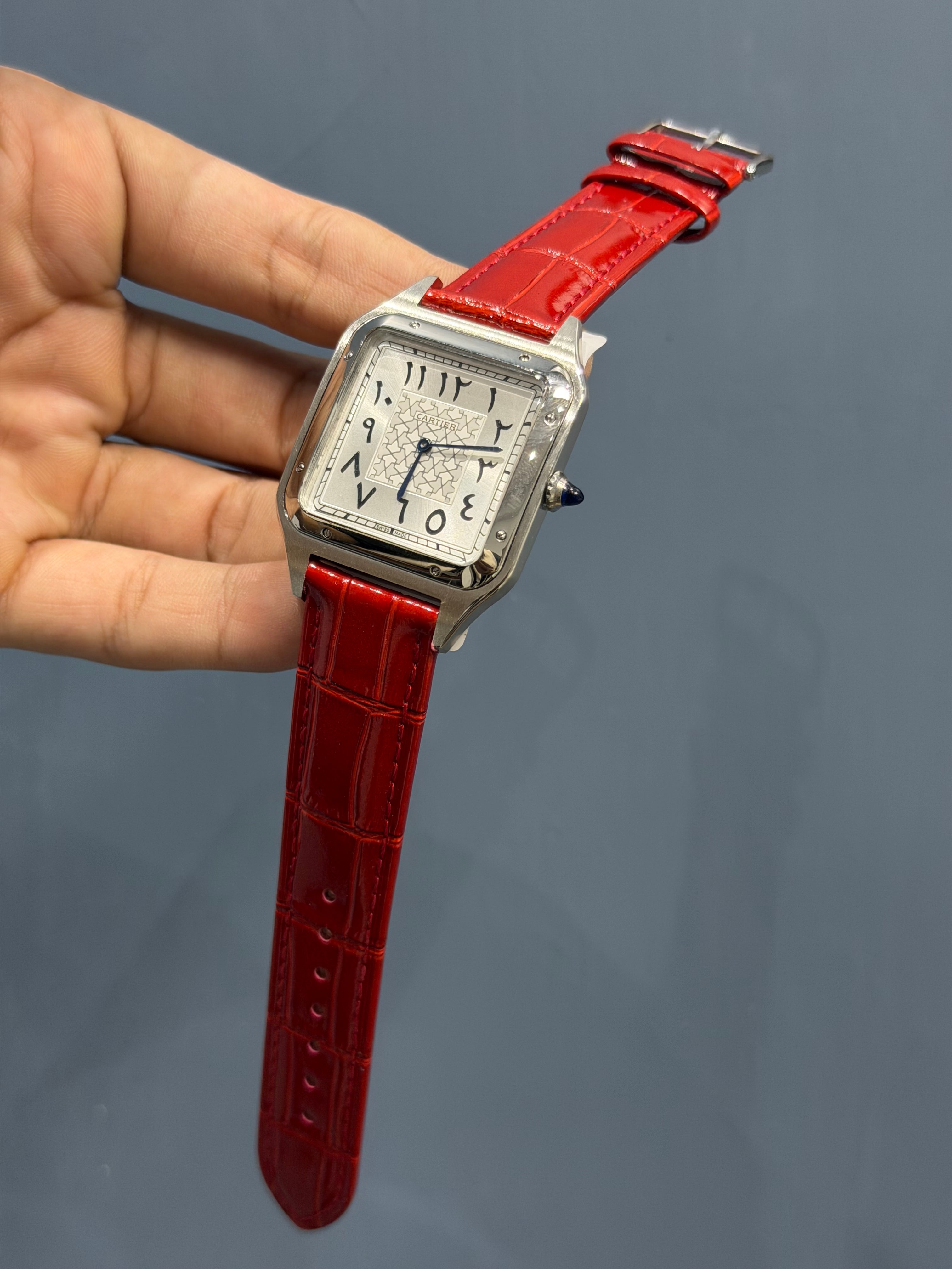 NEW COLLECTION SILVER CASE WITH WHITE ARABIC DIAL & RED LEATHER STRAP