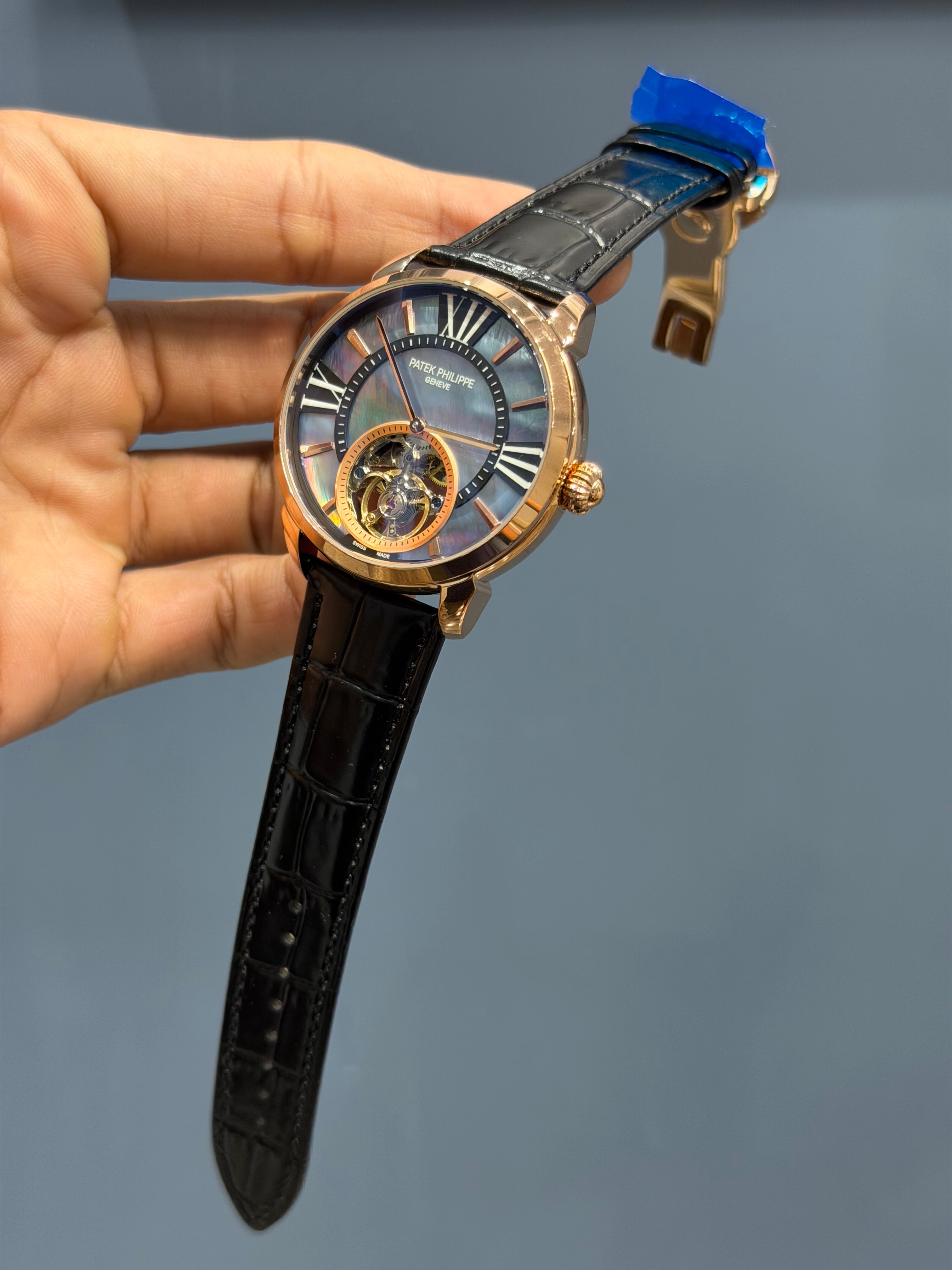 NEW COLLECTION TOURBILLON ROSE CASE WITH BLUE PEARL DIAL & BLACK LEATHER STRAP