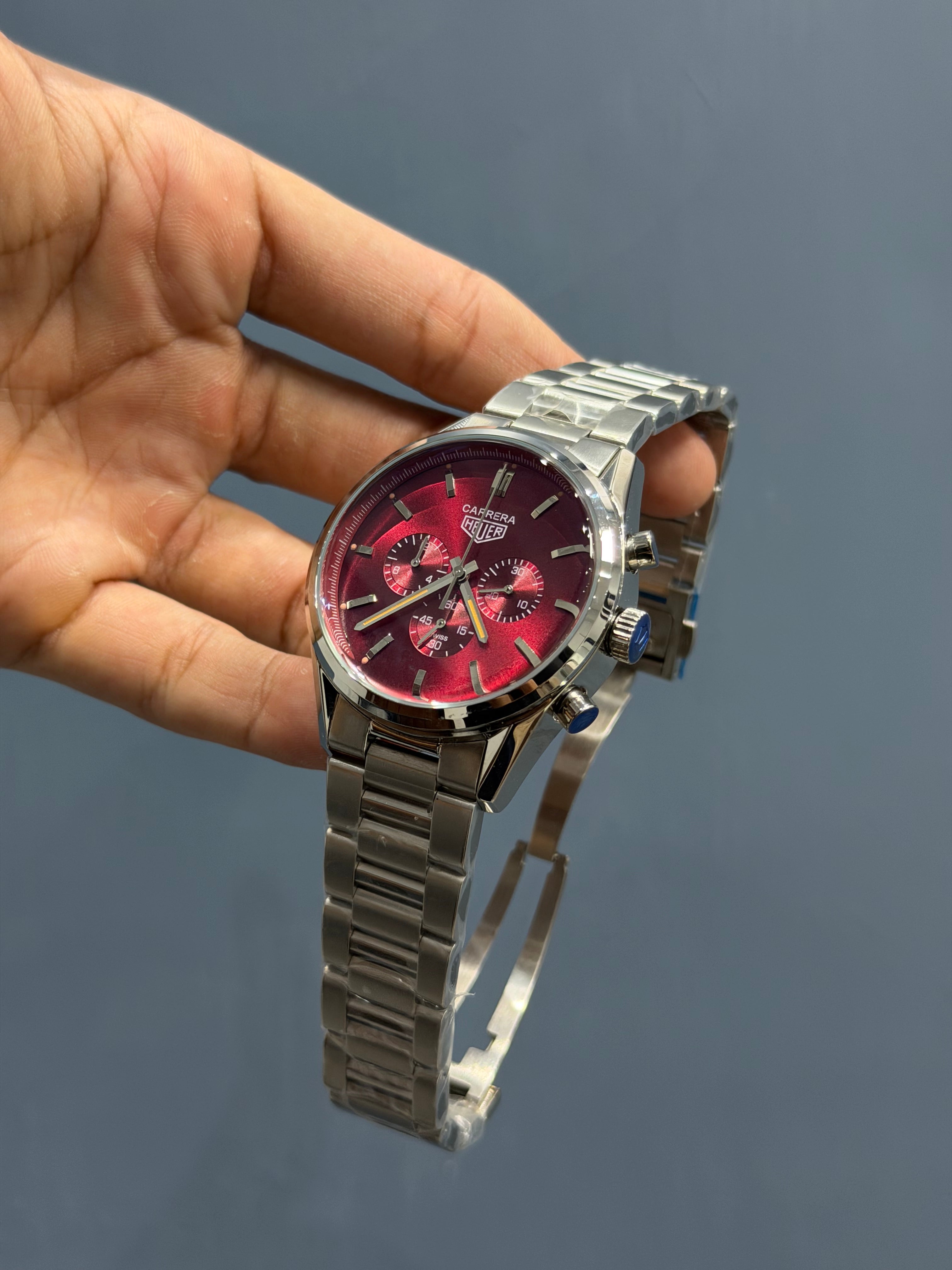 NEW COLLECTION CHRONOGRAPH SILVER WITH CHERRY DIAL CHAIN WATCH FOR MEN