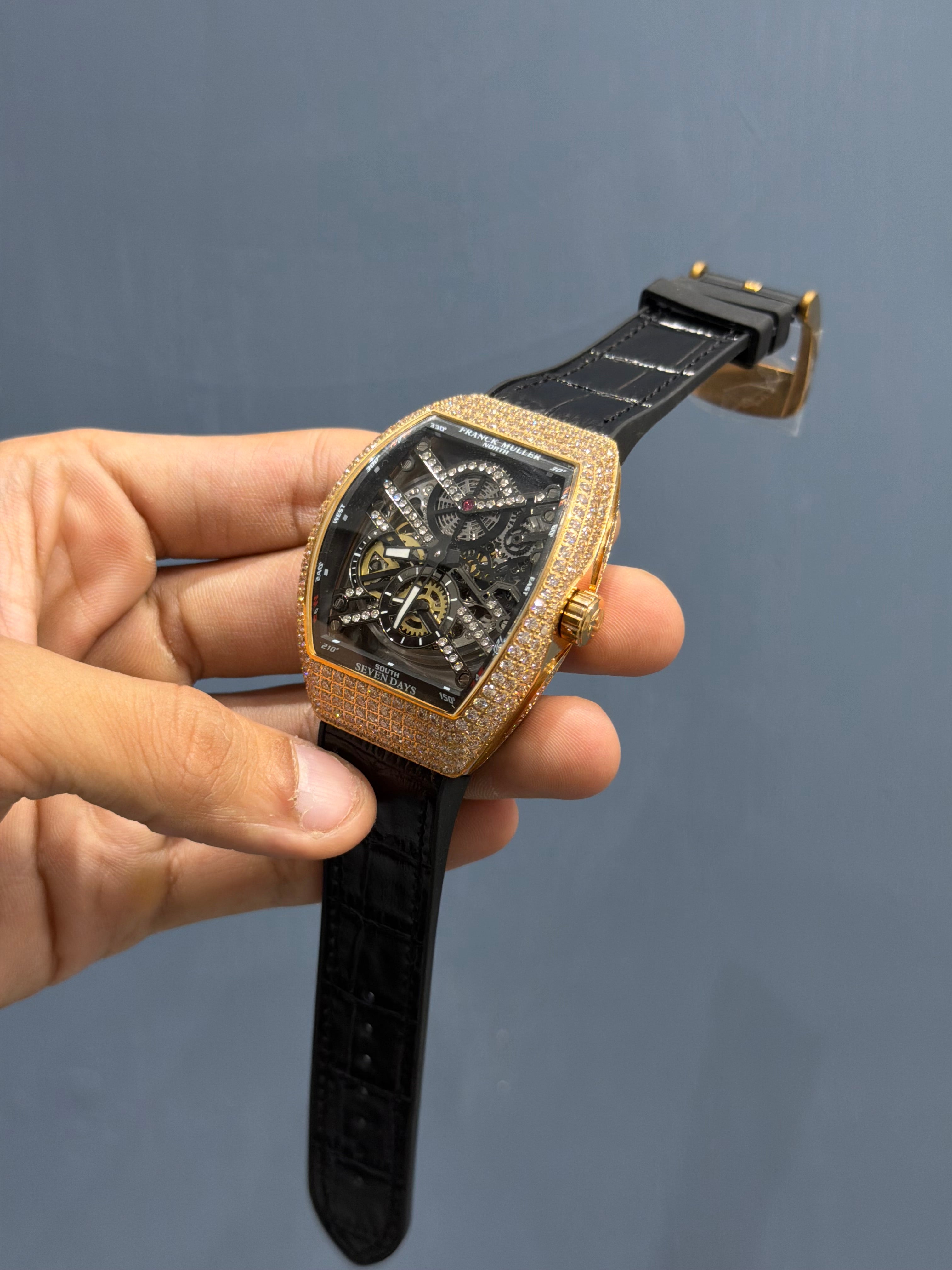 NEW COLLECTION ROSE GOLD STONE CASE BLACK SKELETON DIAL WITH BLACK STRAP