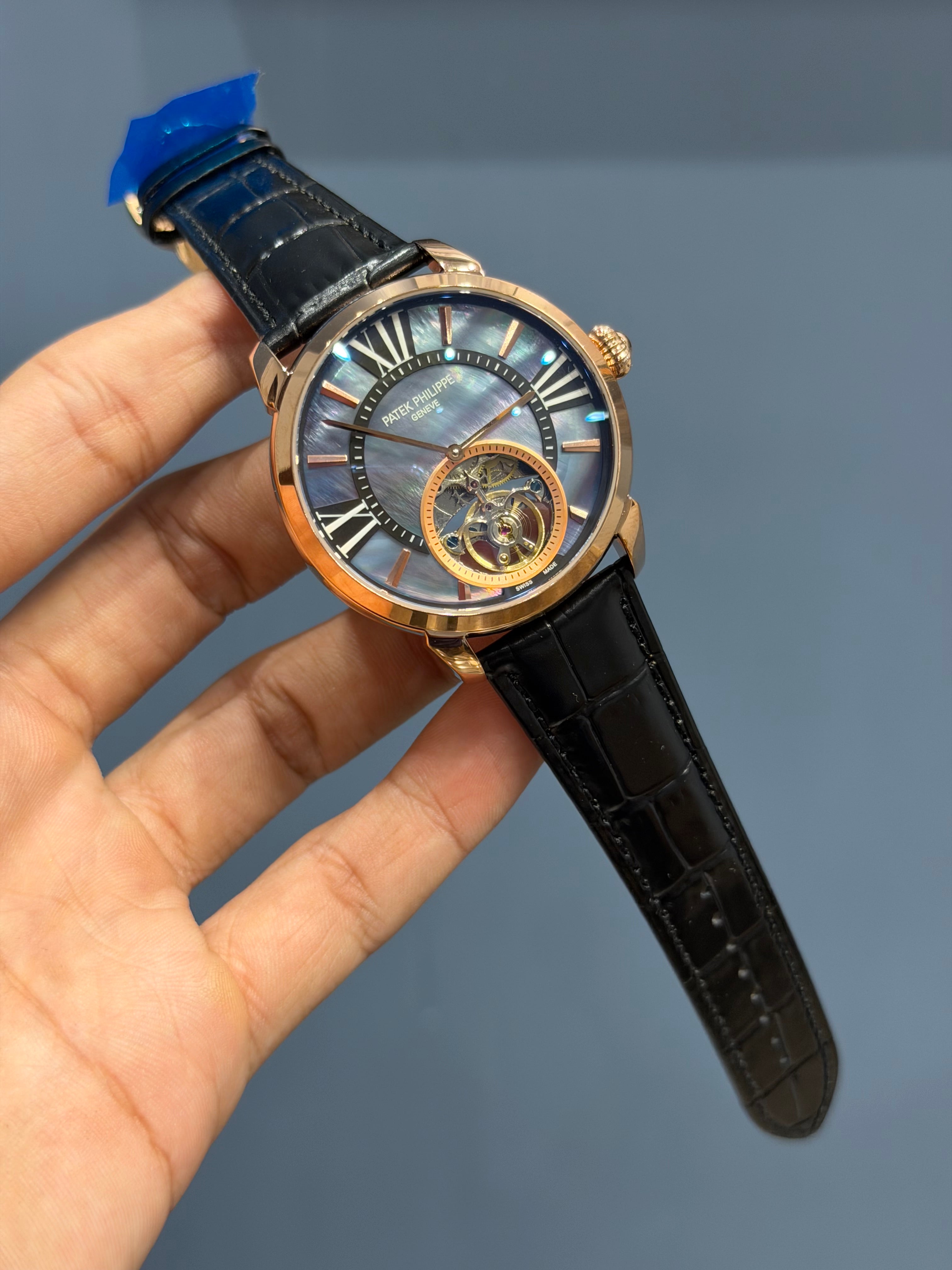 NEW COLLECTION TOURBILLON ROSE CASE WITH BLUE PEARL DIAL & BLACK LEATHER STRAP
