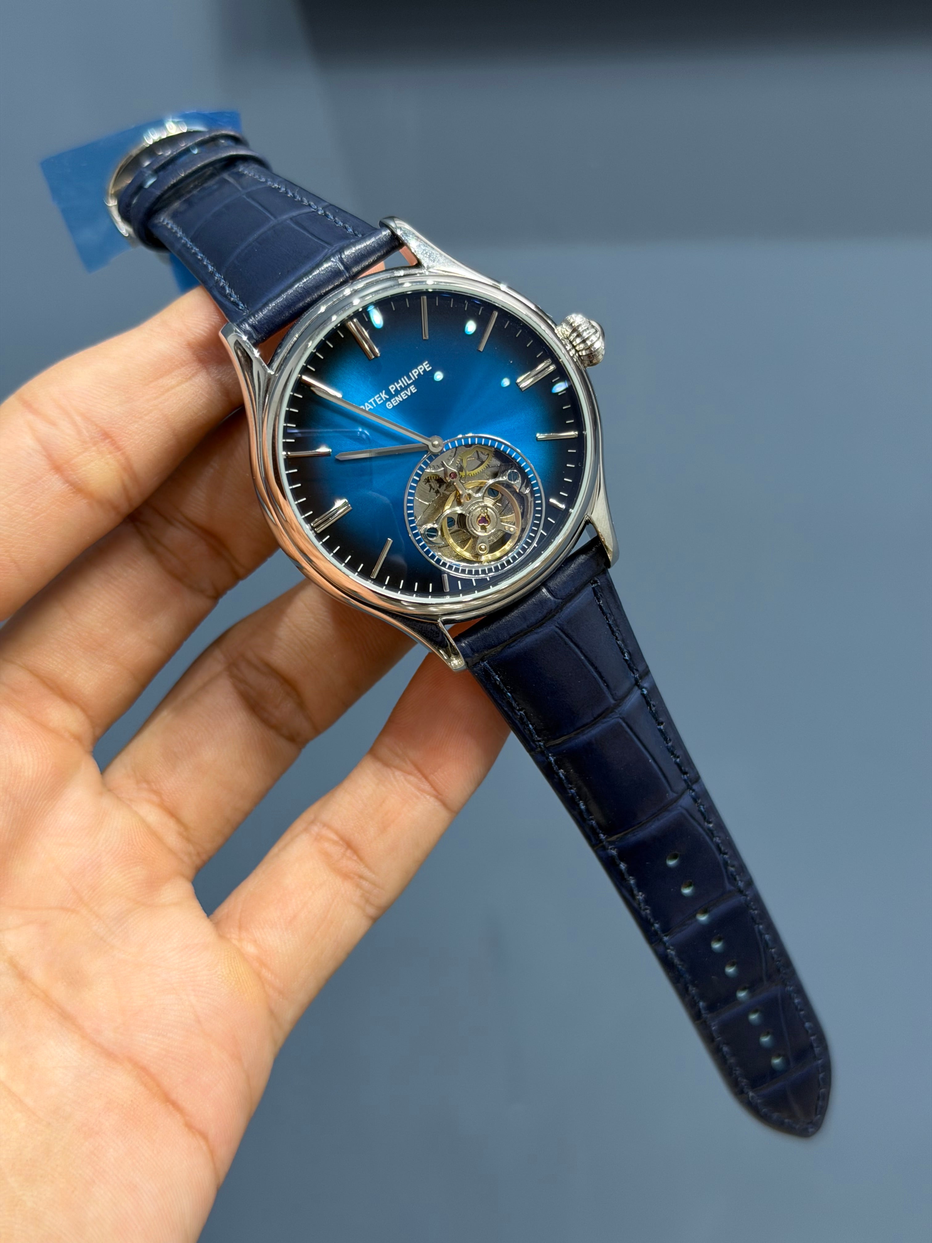 NEW COLLECTION TOURBILLON SILVER CASE WITH BLUE DIAL & BLUE LEATHER STRAP
