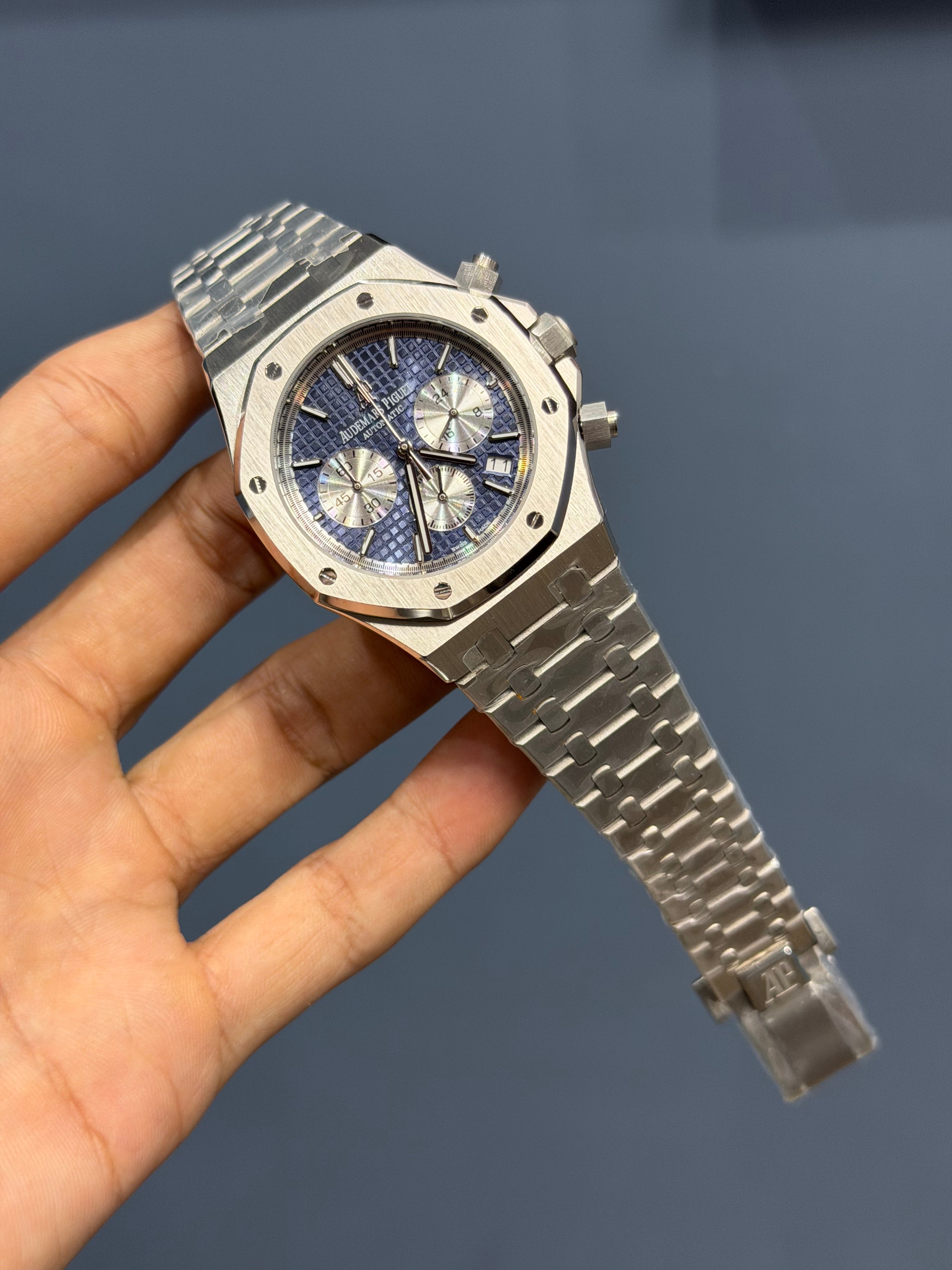 NEW COLLECTION CHRONOGRAPH SILVER WITH BLUE DIAL CHAIN WATCH