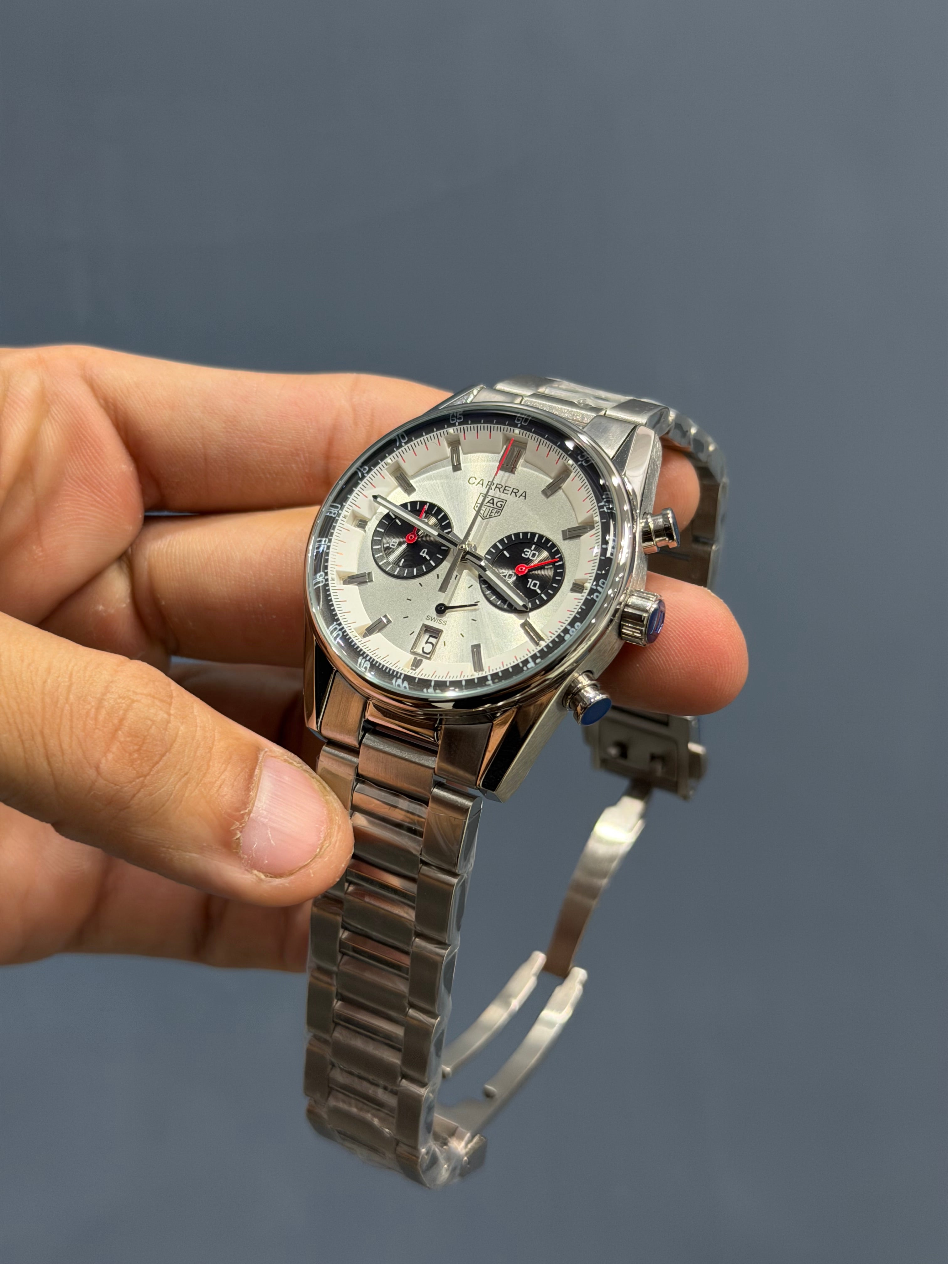 NEW COLLECTION CHRONOGRAPH SILVER CASE WITH WHITE DIAL AND CHAIN WATCH