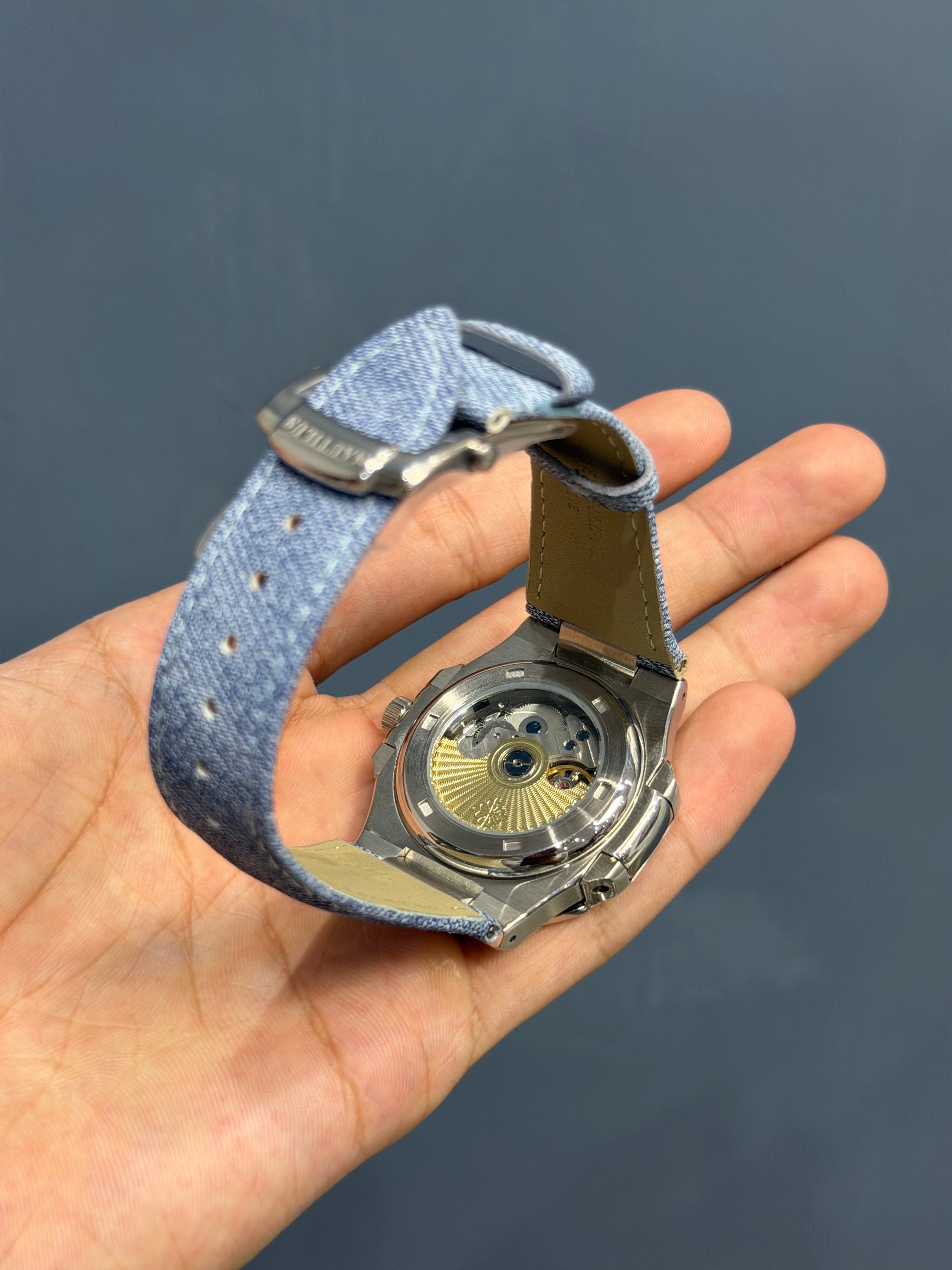 NEW COLLECTION MOON PHASE SILVER WITH SKY DIAL DENIM STRAP AUTOMATIC WATCH