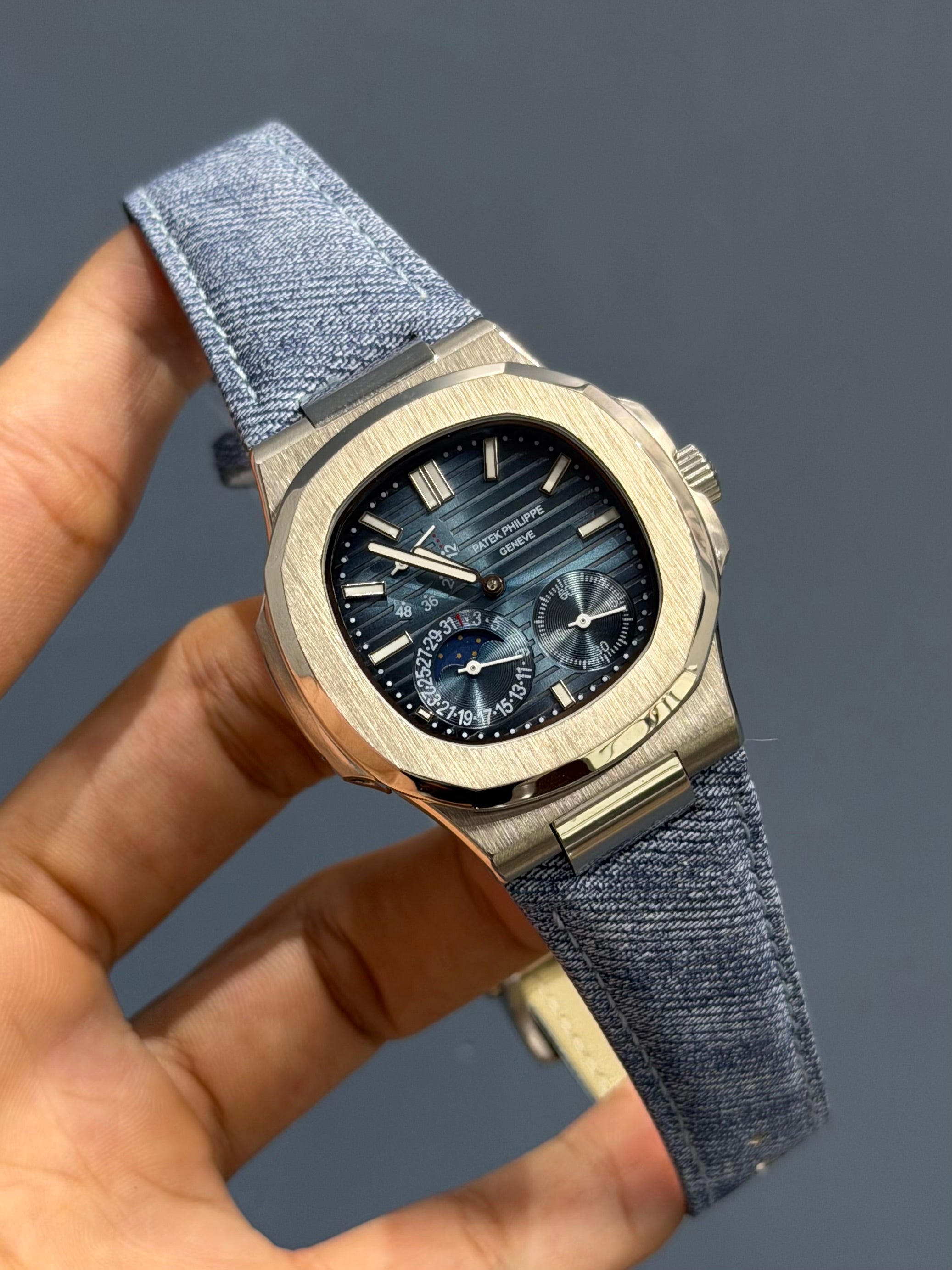 NEW COLLECTION MOON PHASE SILVER WITH SKY DIAL DEMIN STRAP AUTOMATIC WATCH
