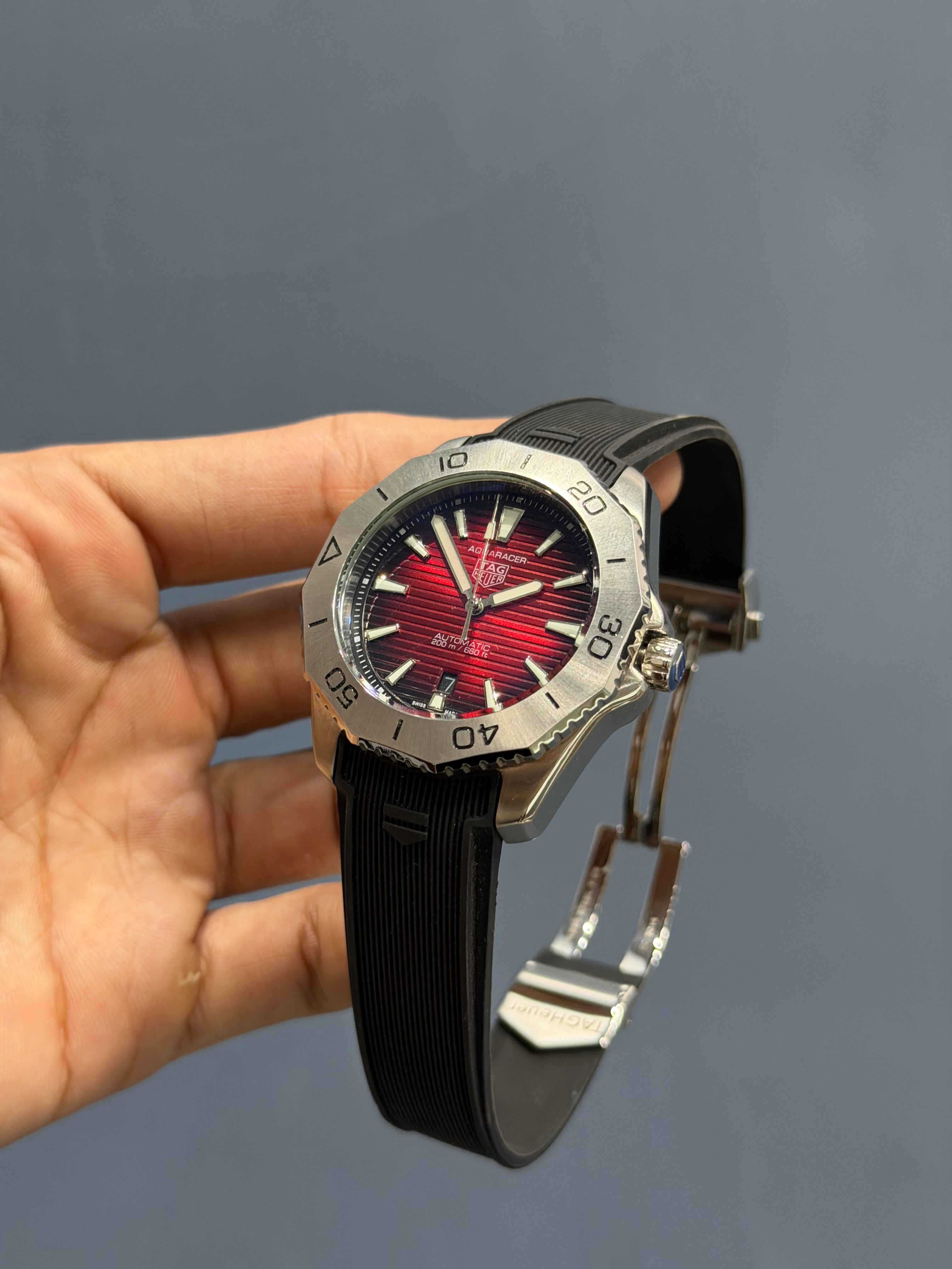 NEW COLLECTION SILVER WITH CHEERY DIAL & BLACK SILICONE STRAP AUTOMATIC WATCH