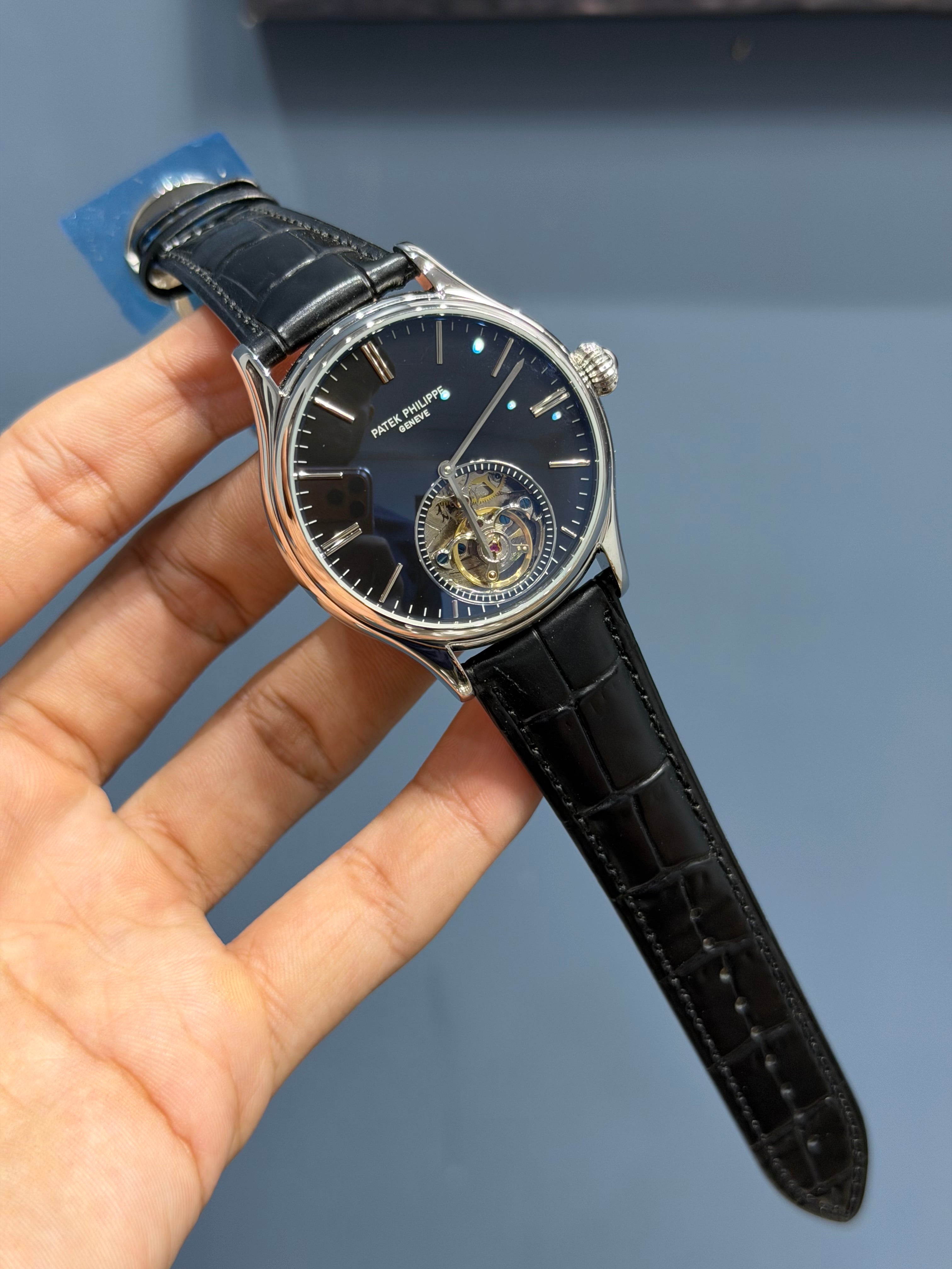 NEW COLLECTION TOURBILLON SILVER CASE WITH BLACK DIAL & BLACK LEATHER STRAP