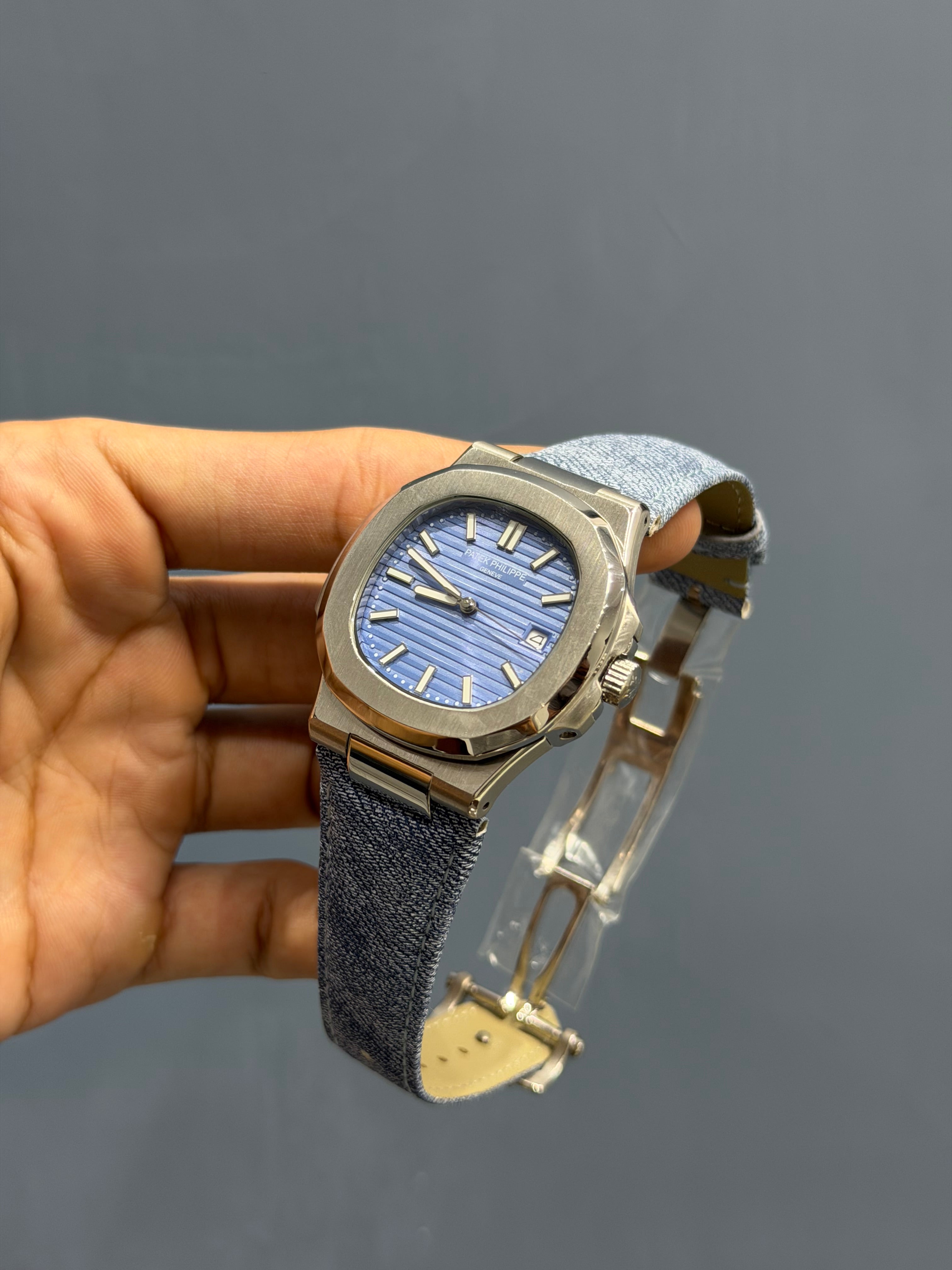 NEW COLLECTION SILVER CASE WITH SKY BLUE DIAL & DENIM STRAP AUTOMATIC WATCH
