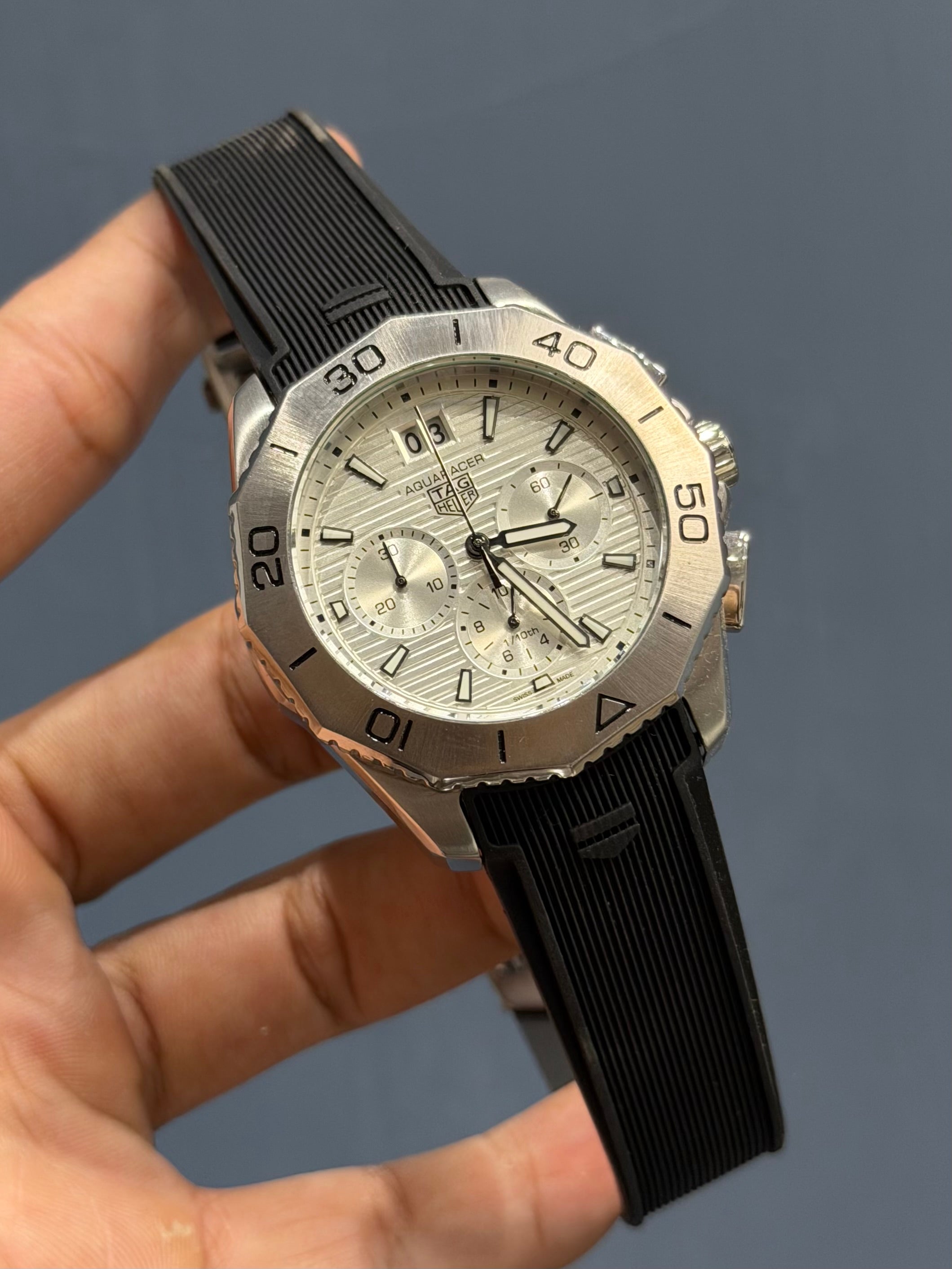 NEW COLLECTION CHRONOGRAPH SILVER WITH WHITE DIAL & BLACK SILICONE STRAP WATCH