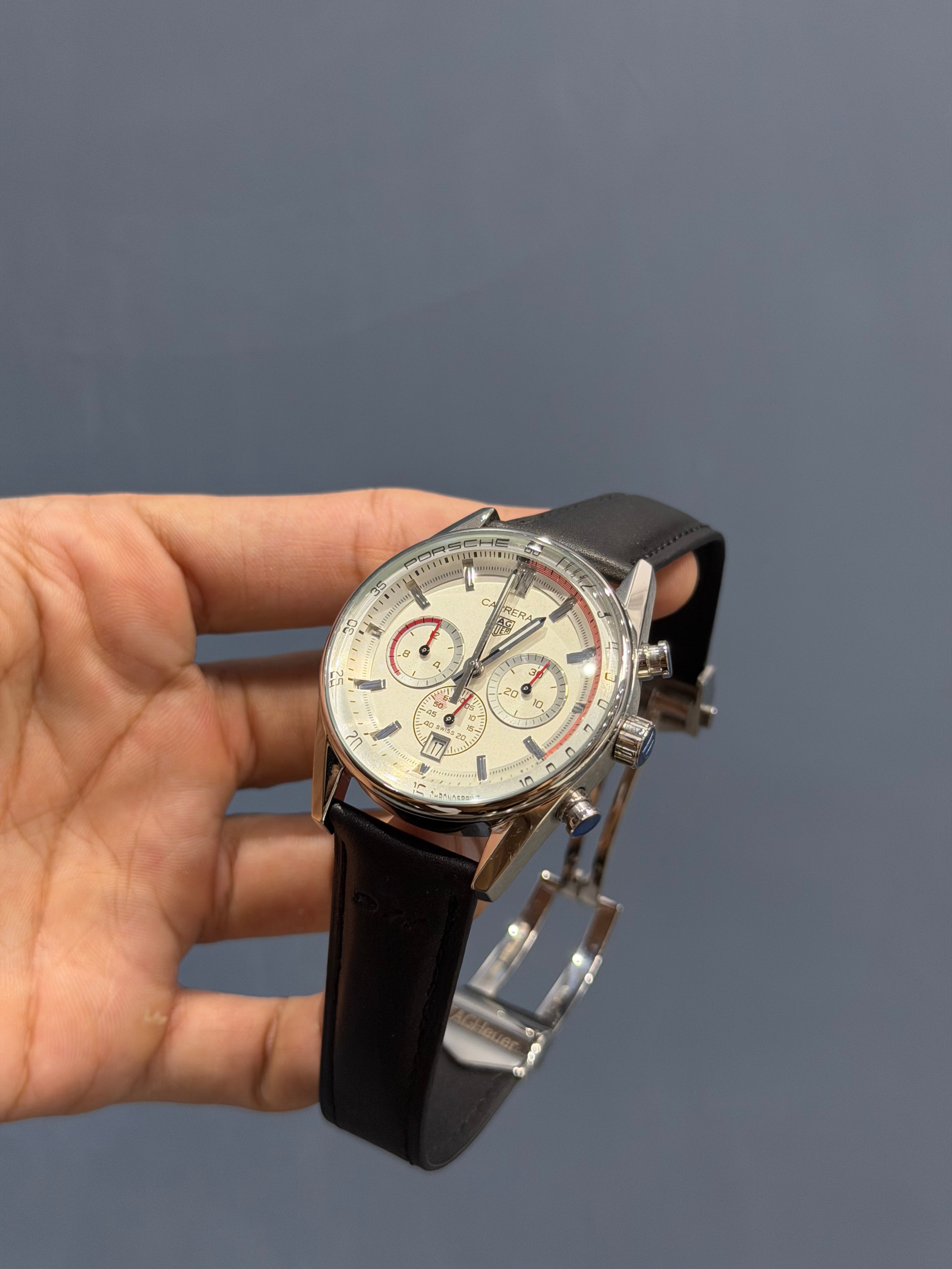 NEW COLLECTION CHRONOGRAPH SILVER WITH WHITE DIAL BLACK LEATHER STRAP