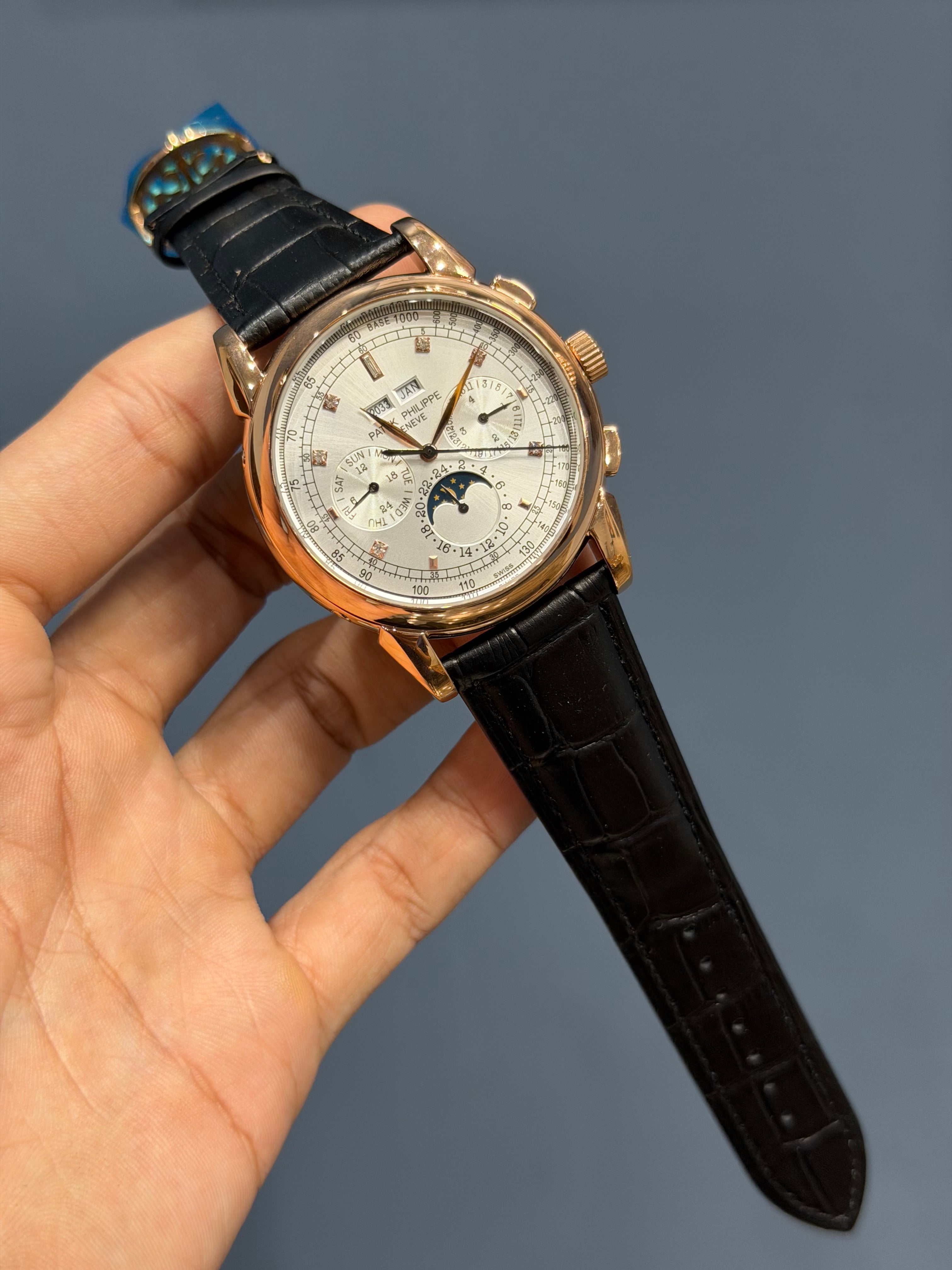 NEW COLLECTION CHRONOGRAPH ROSE CASE WITH STONE WHITE DIAL & LEATHER STRAP