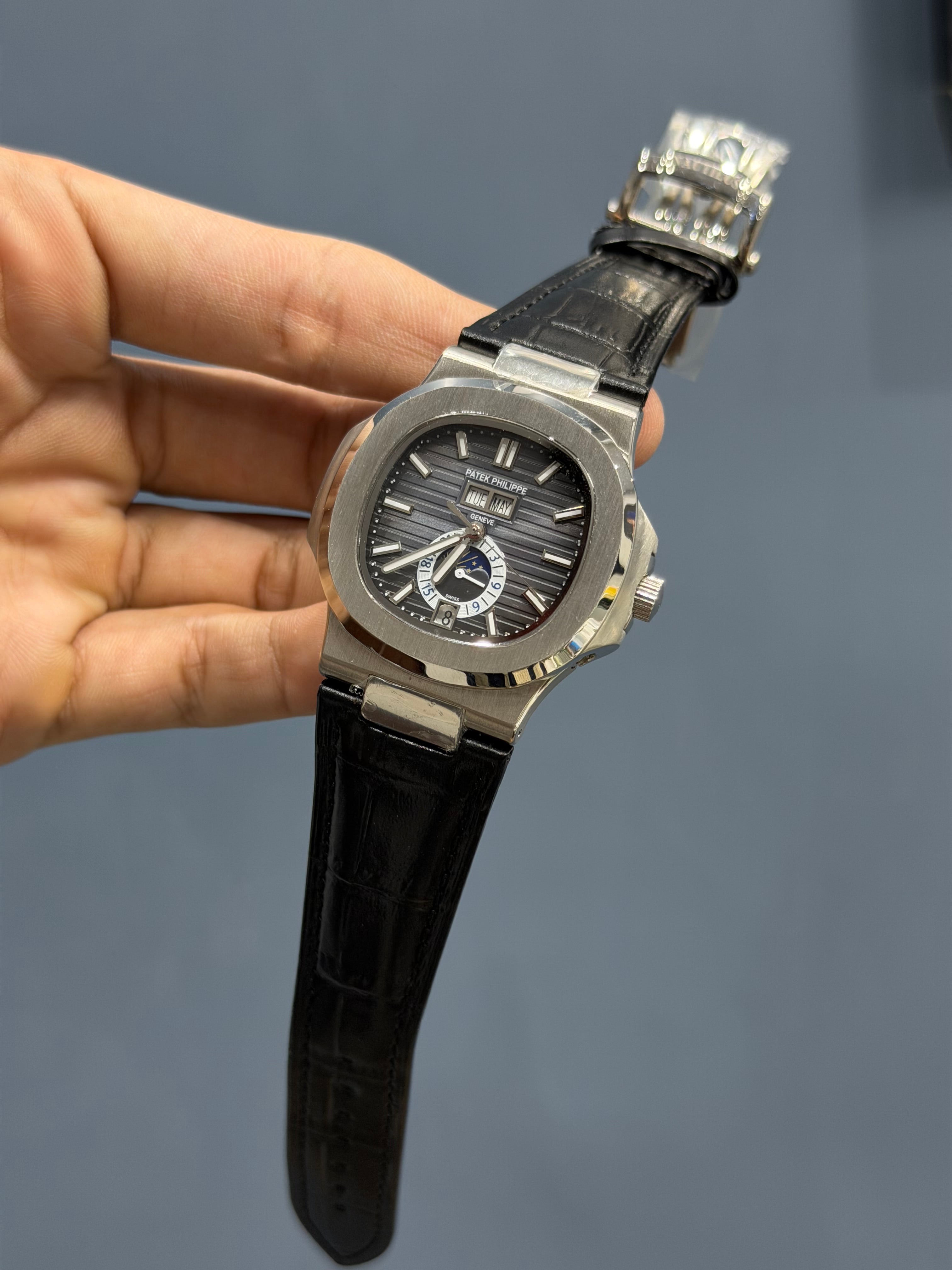 NEW COLLECTION MOON PHASE SILVER CASE WITH BLUE DIAL & BLACK LEATHER STRAP