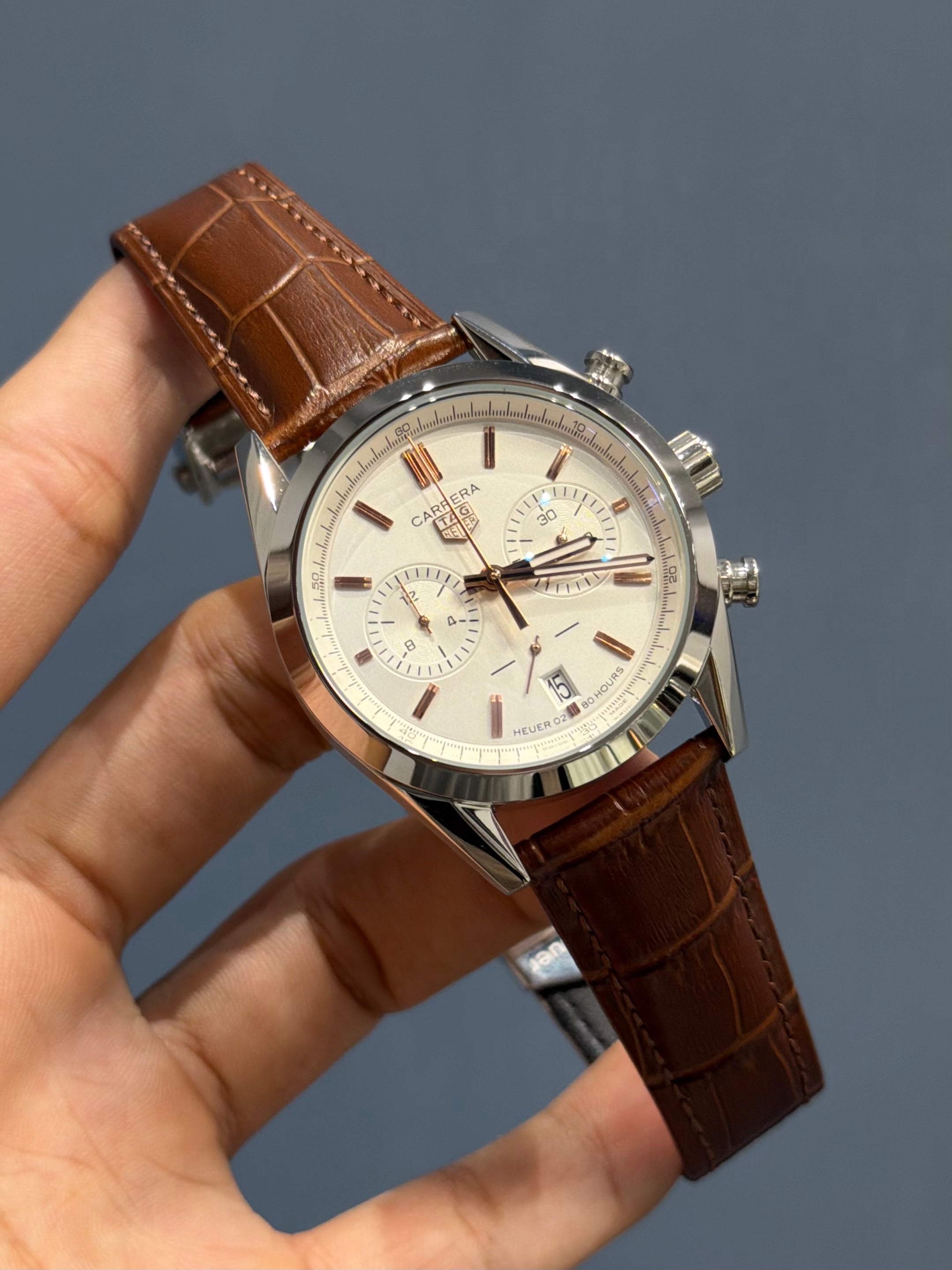 NEW COLLECTION CHRONOGRAPH SILVER CASE WITH DIAL LEATHER STRAP WATCH