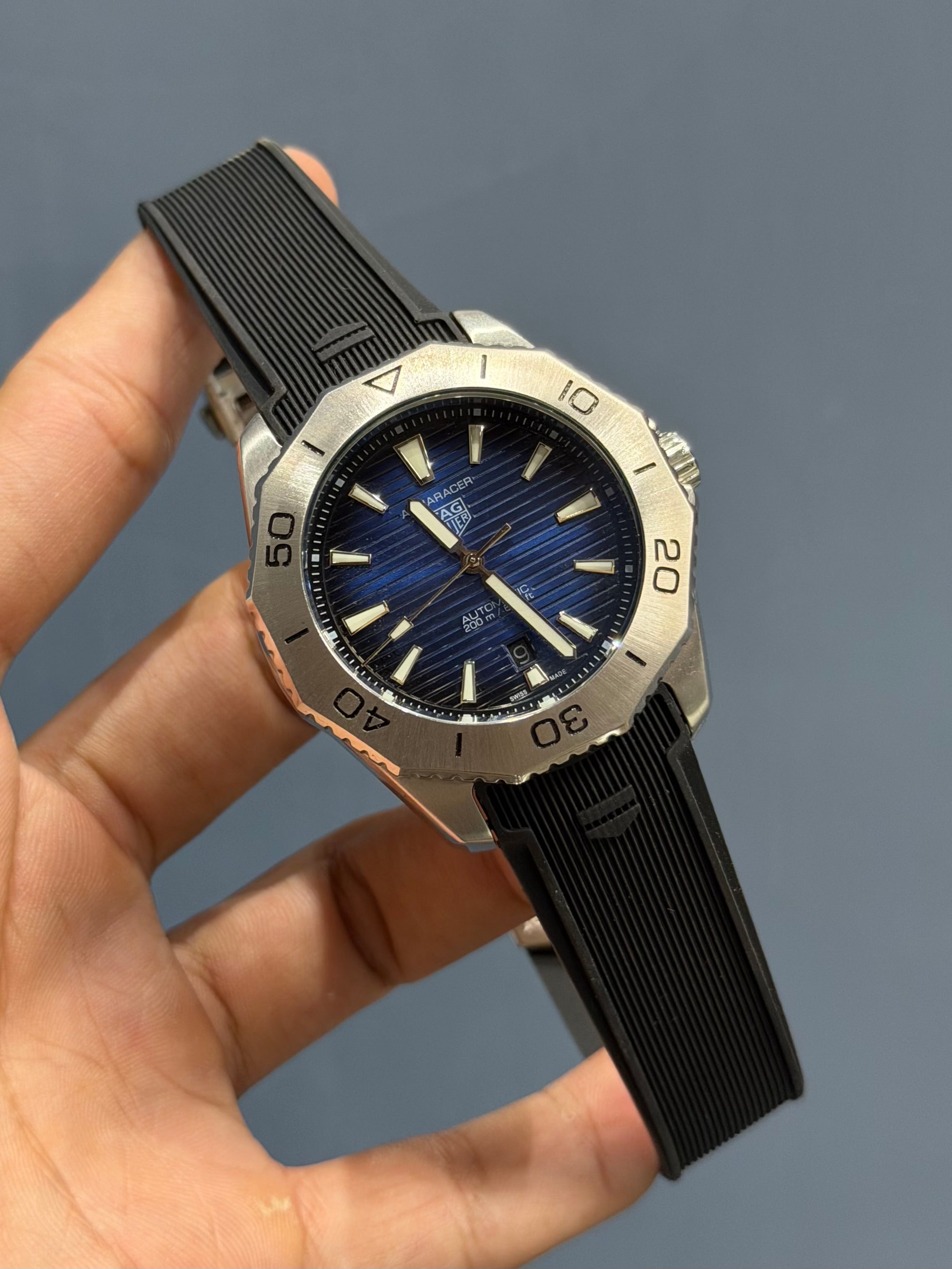 NEW COLLECTION SILVER WITH BLUE  DIAL & BLACK SILICONE STRAP AUTOMATIC WATCH
