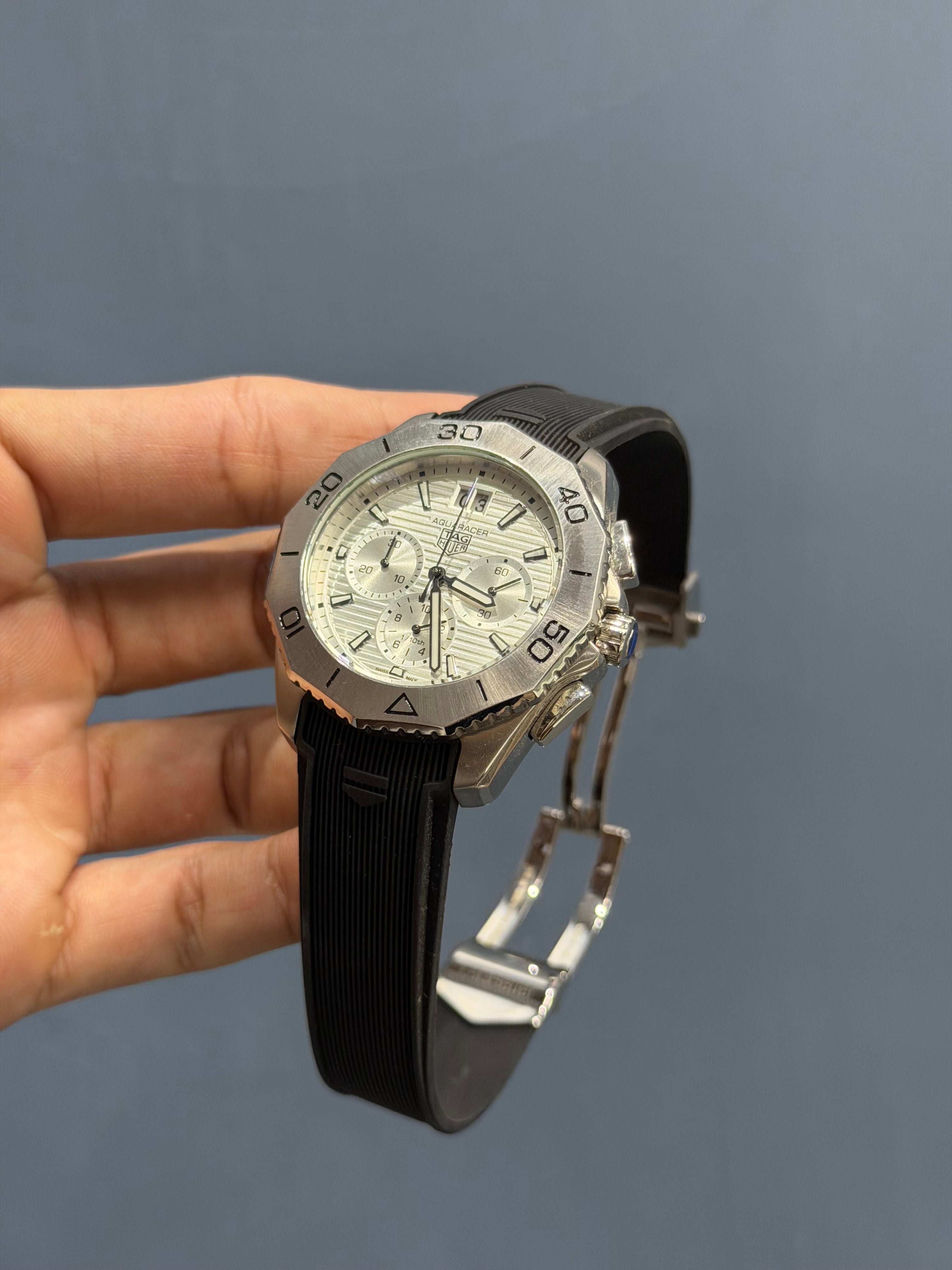 NEW COLLECTION CHRONOGRAPH SILVER WITH WHITE DIAL & BLACK SILICONE STRAP WATCH
