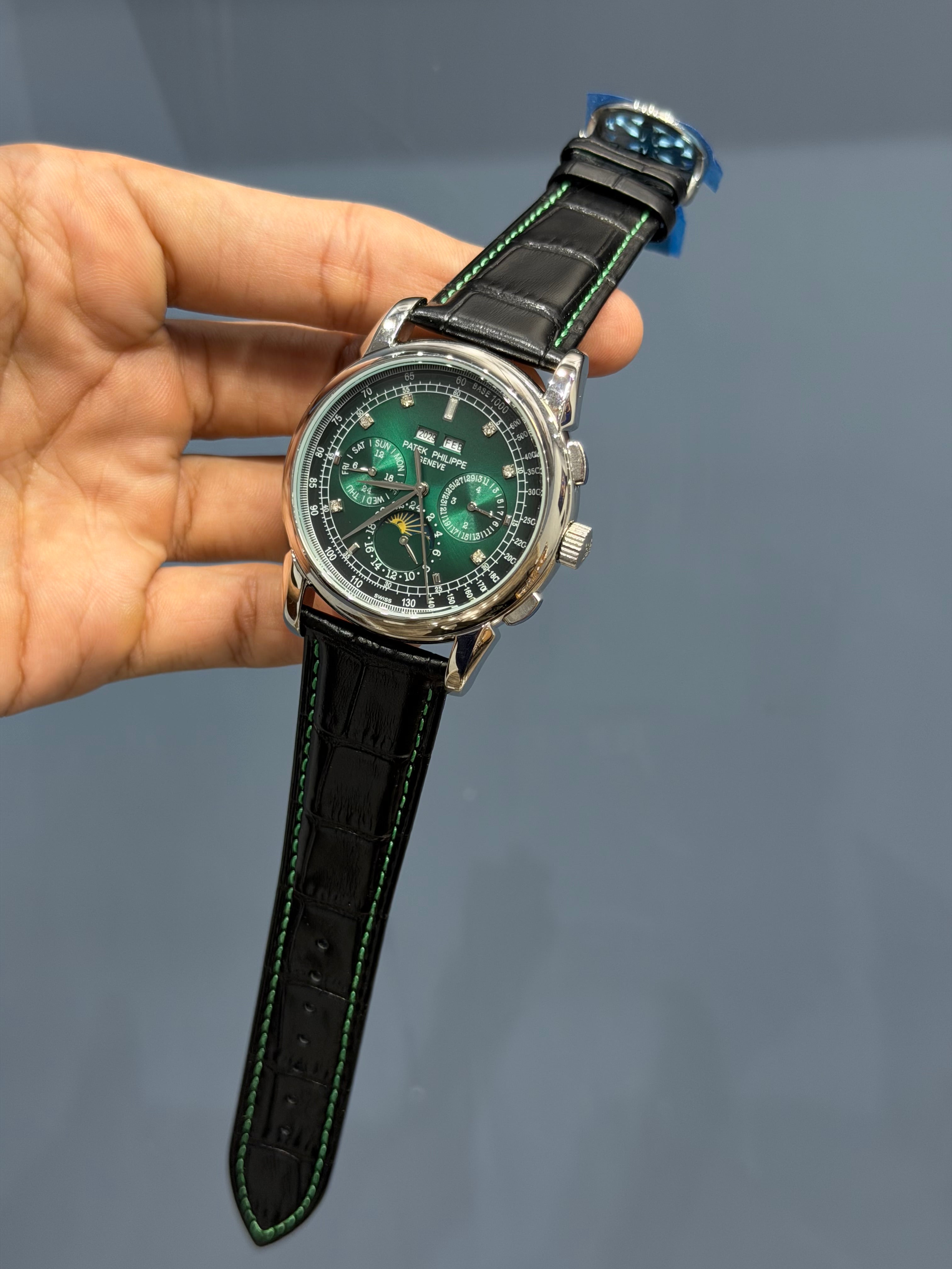 NEW COLLECTION CHRONOGRAPH SILVER CASE WITH STONE GREEN DIAL & LEATHER STRAP