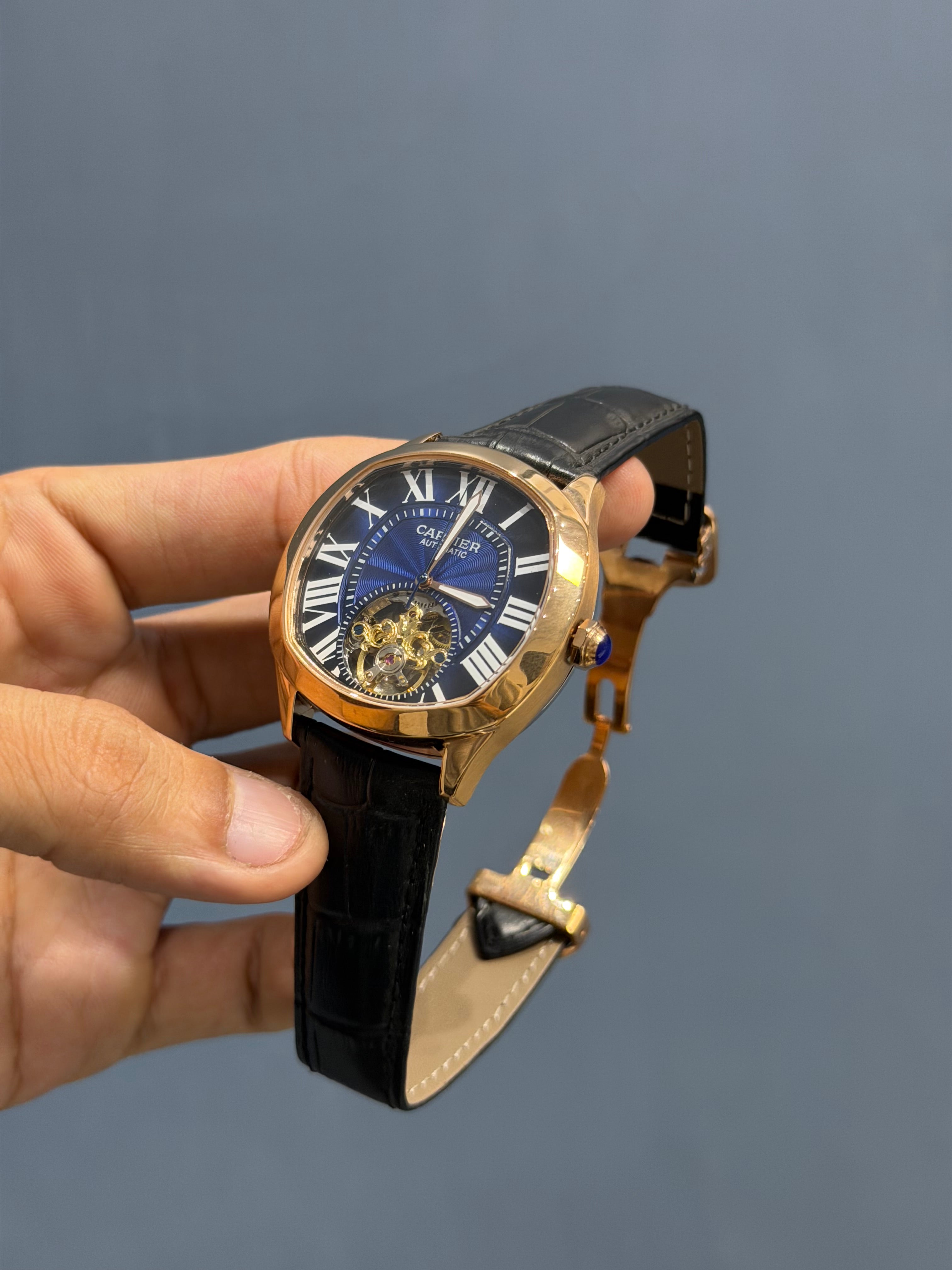 NEW COLLECTION ROSE CASE WITH BLUE DIAL & BLACK LEATHER STRAP