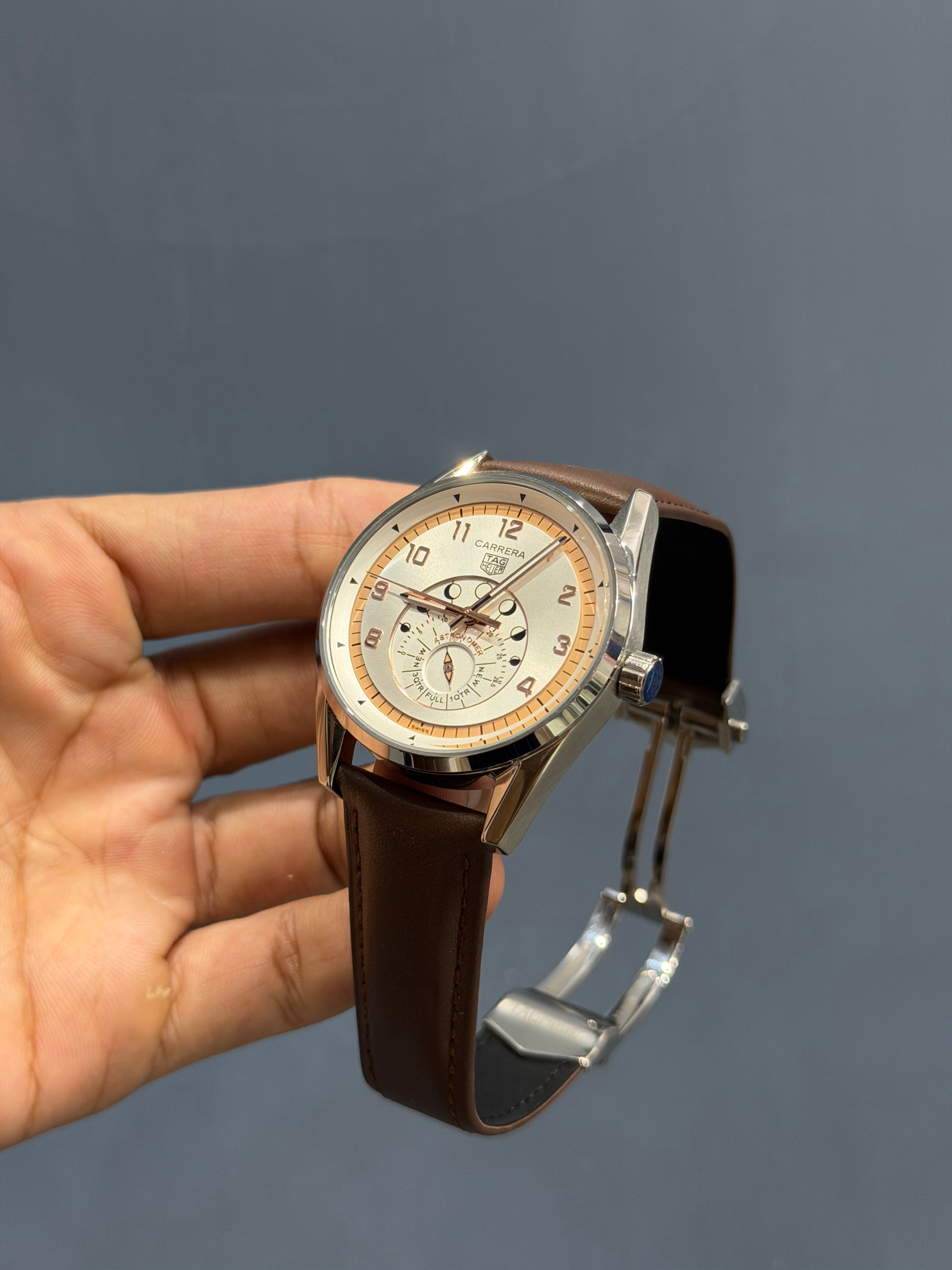 NEW COLLECTION ASTRONOMER SILVER CASE WITH WHITE DIAL & BROWN LEATHER WATCH