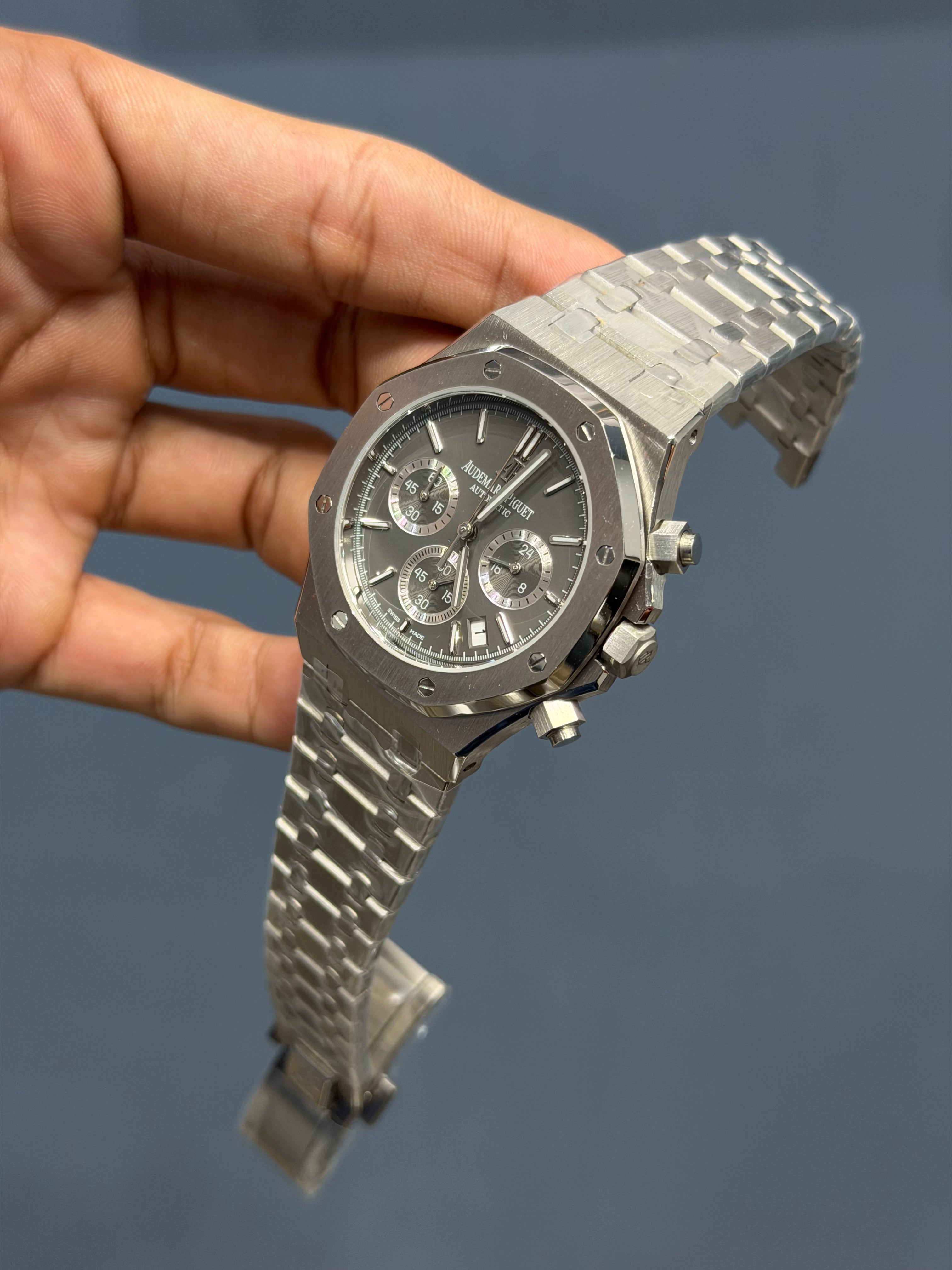 NEW COLLECTION CHRONOGRAPH SILVER WITH GREY DIAL CHAIN WATCH