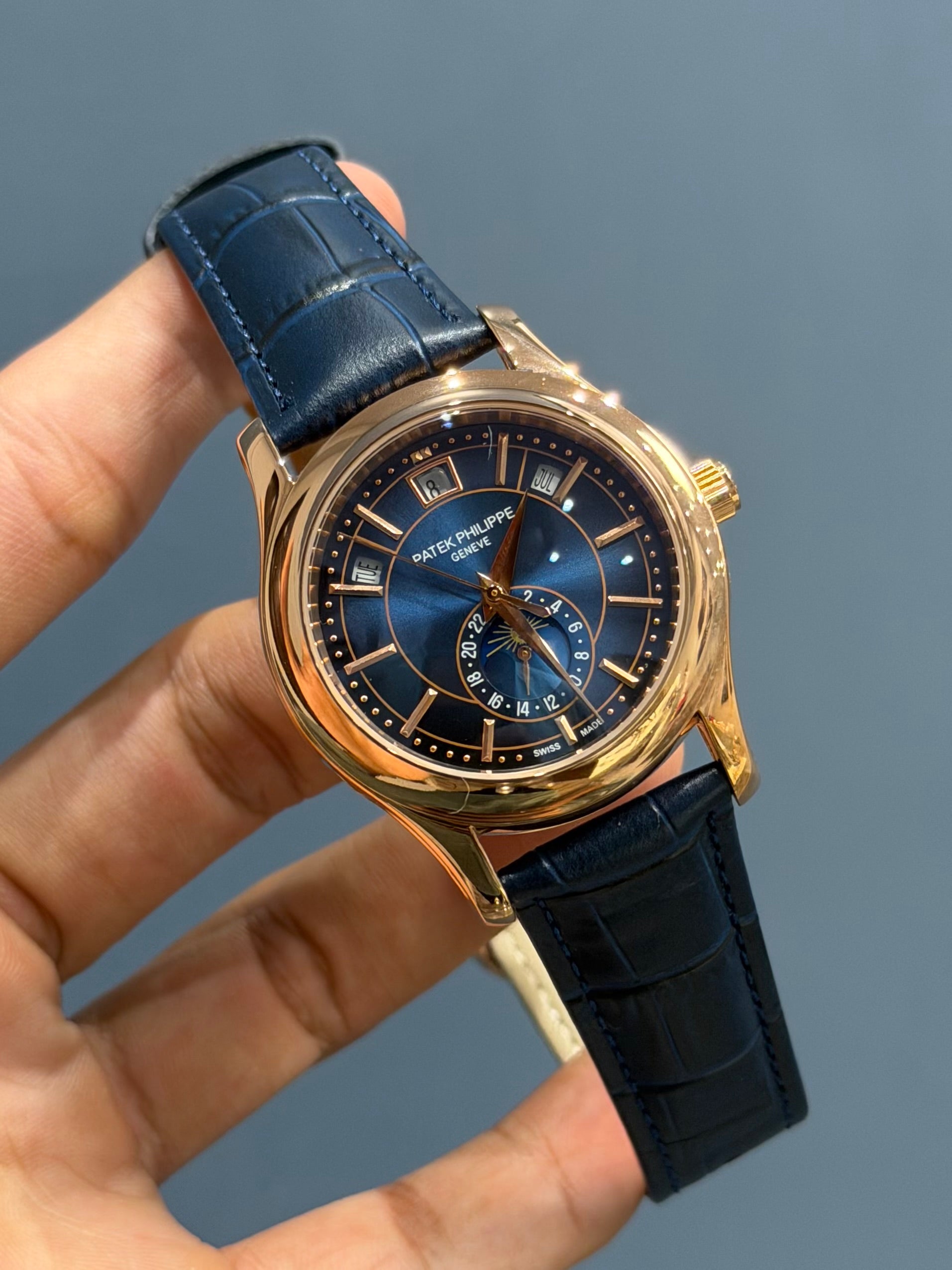 NEW COLLECTION MOON PHASE ROSE GOLD CASE WITH BLUE DIAL & BLUE LEATHER STRAP