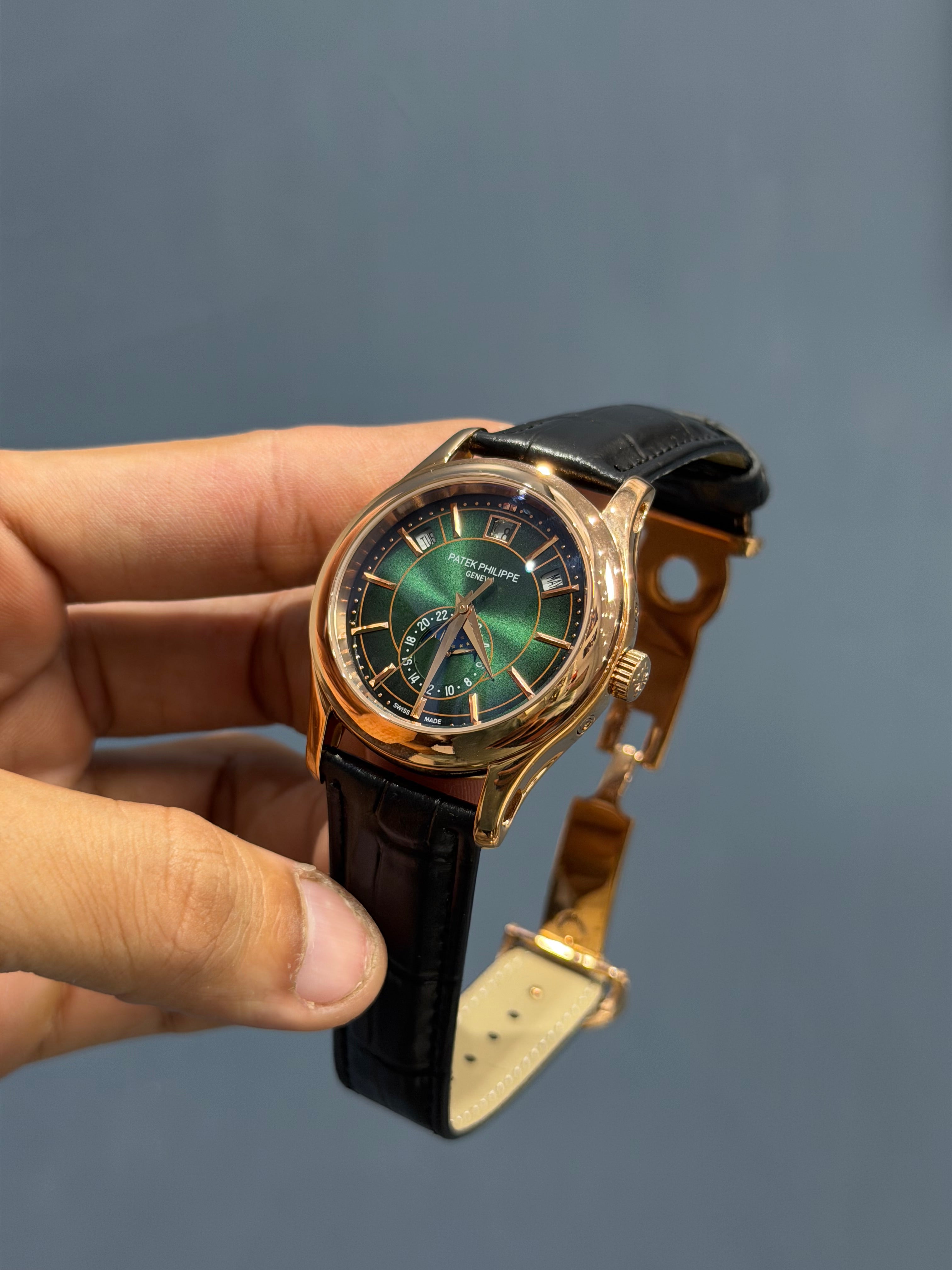 NEW COLLECTION MOON PHASE ROSE GOLD CASE WITH GREEN DIAL & BLACK LEATHER STRAP