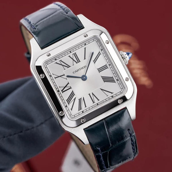Luxury Square Dress Watch – Stainless Steel Case, Roman Numeral Dial & Dark Blue Leather Strap
