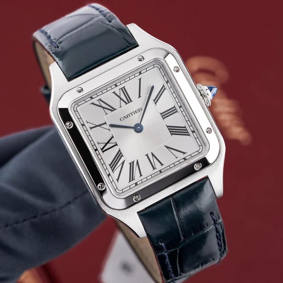 Luxury Square Dress Watch – Stainless Steel Case, Roman Numeral Dial & Dark Blue Leather Strap