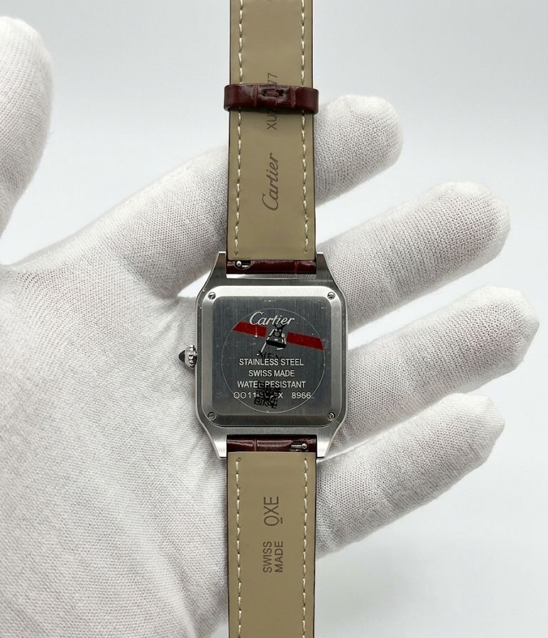 Cartier Santos Style Luxury Watch – Silver Tone Diamond-Style Case, White Roman Dial & Brown Leather Strap