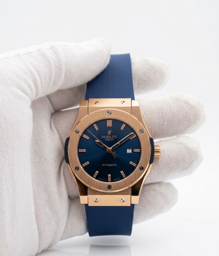 Luxury Automatic Watch – Blue Dial, Rose Gold Finish & Blue Rubber Strap