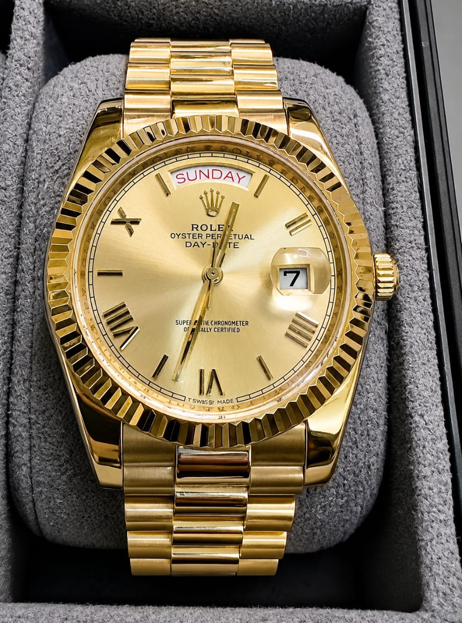 Luxury Gold-Tone Day-Date Watch with Champagne Dial & Fluted Bezel