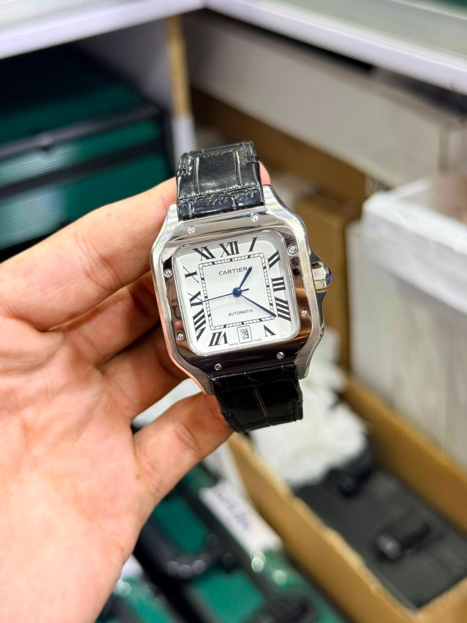 Luxury Square Dress Watch – Stainless Steel Case, Roman Numeral Dial & Dark Blue Leather Strap