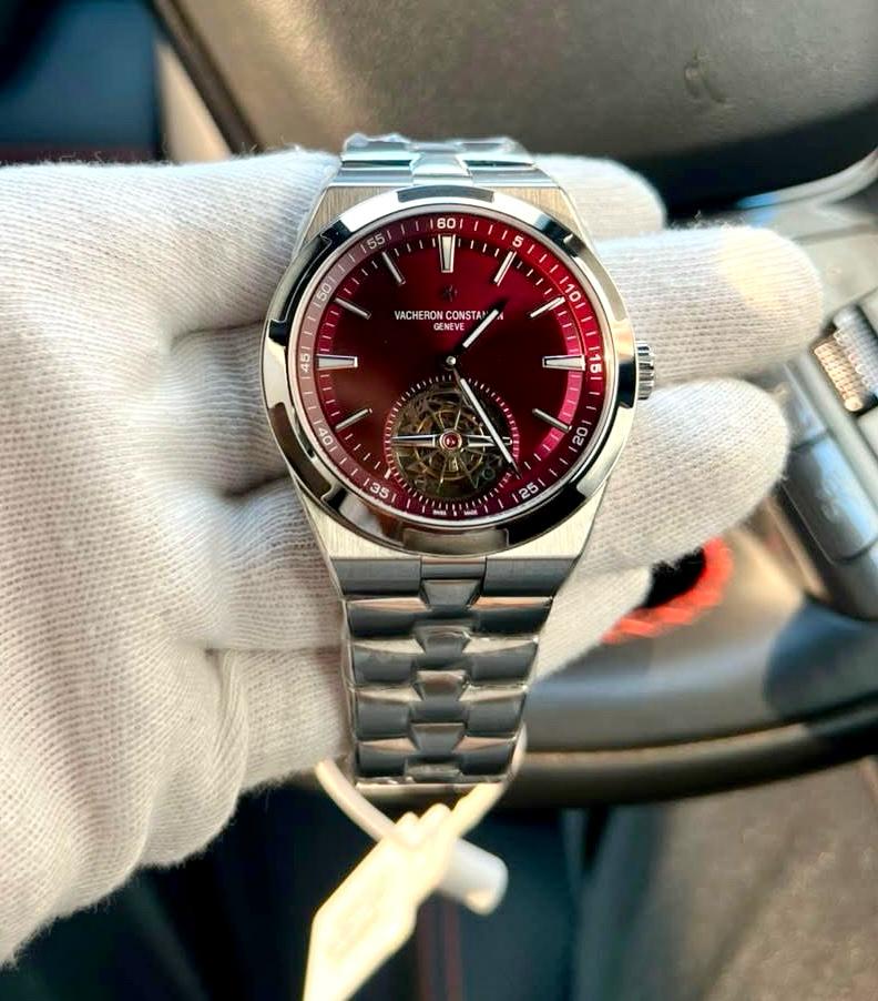 Luxury Tourbillon Watch – Burgundy Red Dial, Stainless Steel Bracelet & Automatic Movement