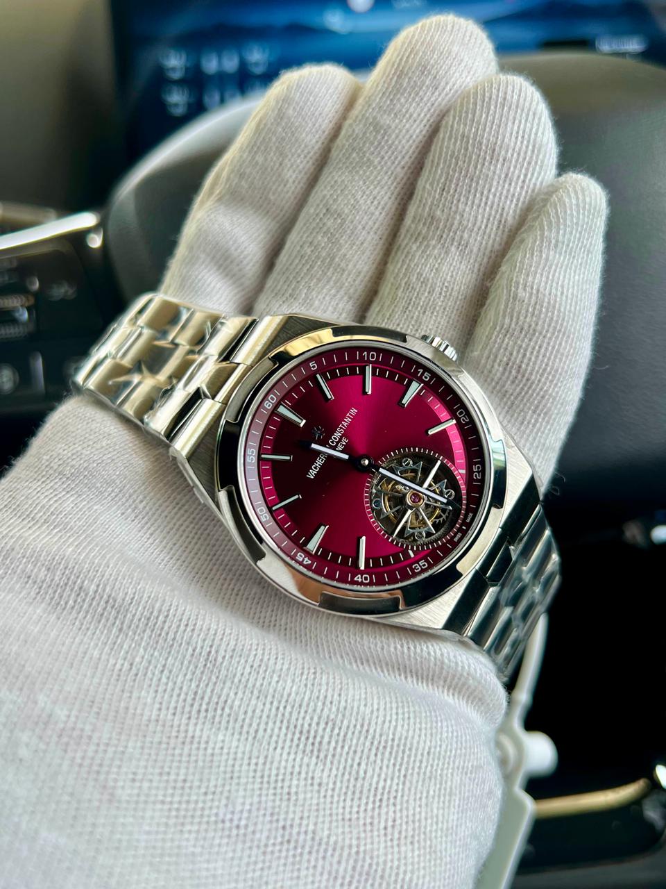 Luxury Tourbillon Watch – Burgundy Red Dial, Stainless Steel Bracelet & Automatic Movement