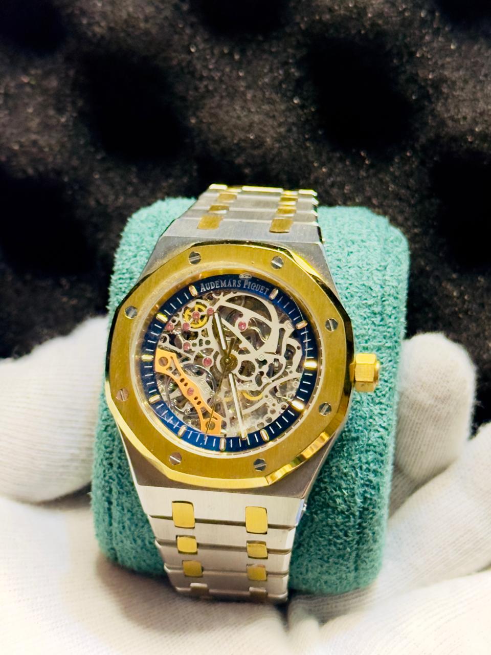 Luxury Skeleton Watch – Two-Tone Stainless Steel Bracelet, Gold-Tone Bezel & Open-Heart Dial