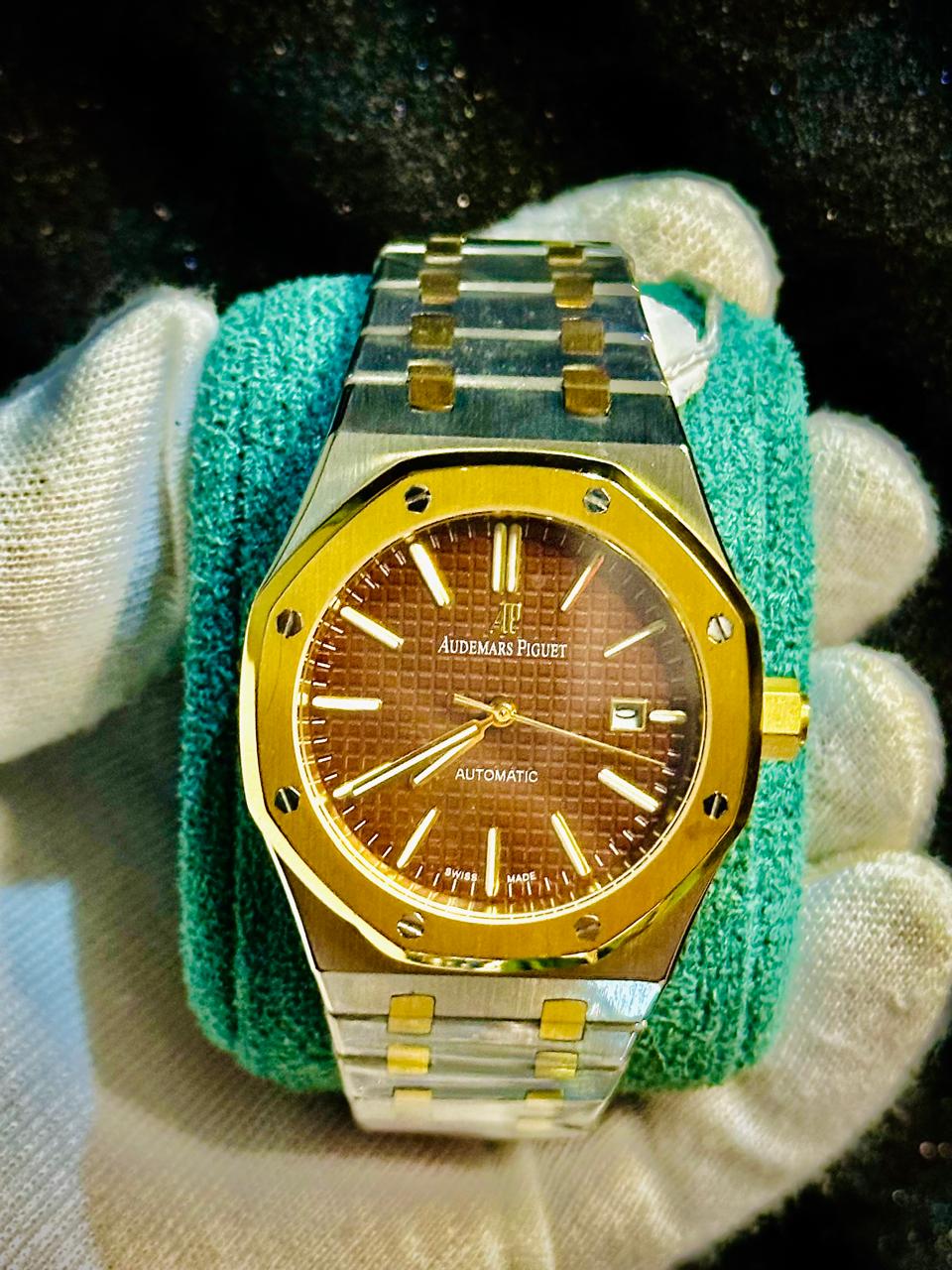 Luxury Gold & Silver Automatic Watch – Brown Textured Dial & Two-Tone Bracelet