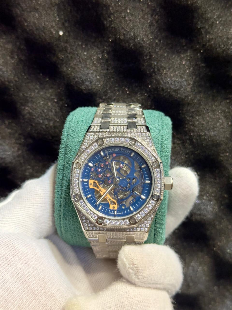 Luxury Silver Chronograph Watch – Blue Skeleton Dial, Crystal-Style Bezel & Steel Bracelet