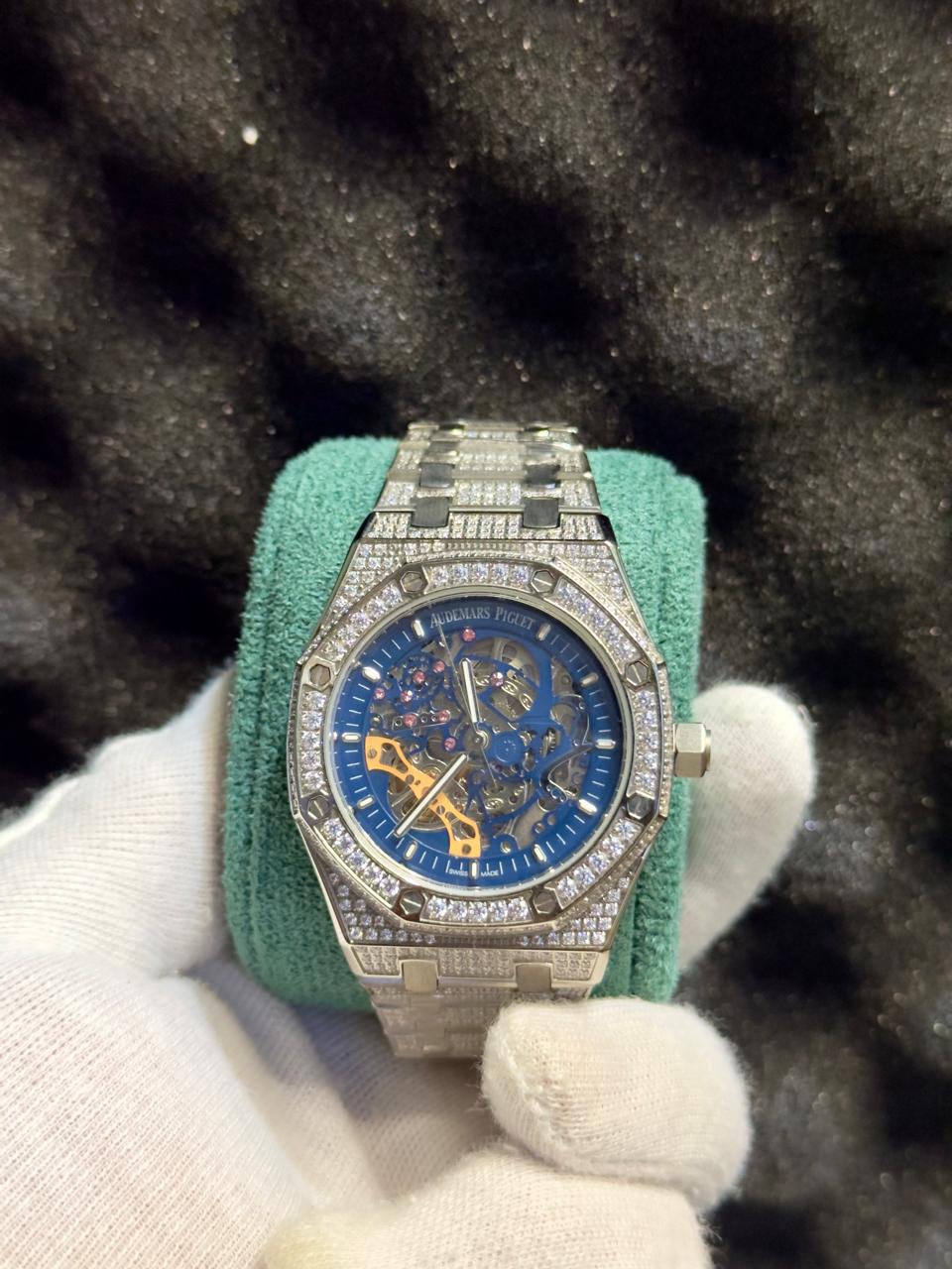 Luxury Silver Chronograph Watch – Blue Skeleton Dial, Crystal-Style Bezel & Steel Bracelet