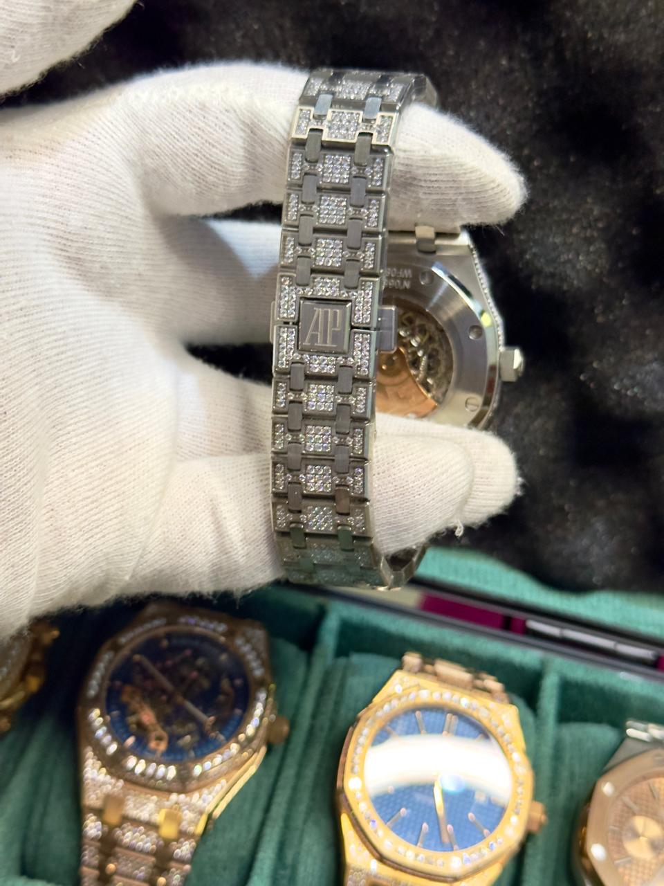 Luxury Silver Chronograph Watch – Blue Skeleton Dial, Crystal-Style Bezel & Steel Bracelet