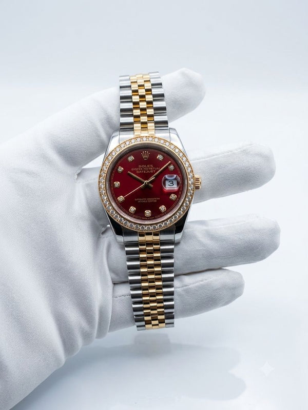 Rolex Datejust Style Luxury Watch – Two-Tone Gold & Silver, Red Dial & Diamond-Style Bezel