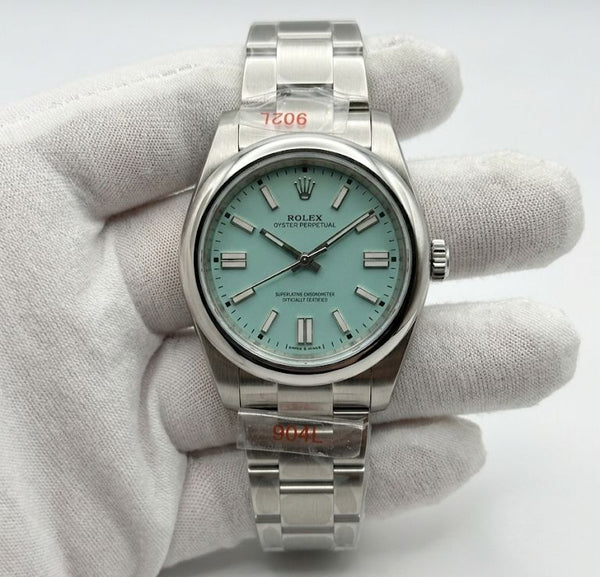 Rolex Day-Date Style Luxury Watch – Silver Tone, Turquoise Dial & Diamond-Style Bezel