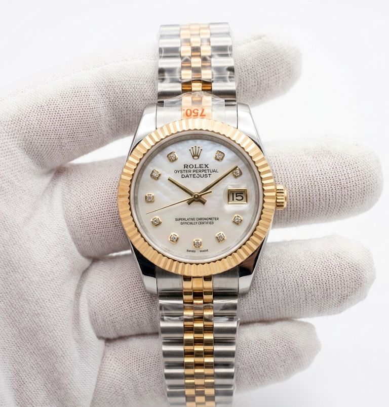 Luxury Two-Tone Rolex Datejust Style Watch with Diamond Dial & Fluted Bezel