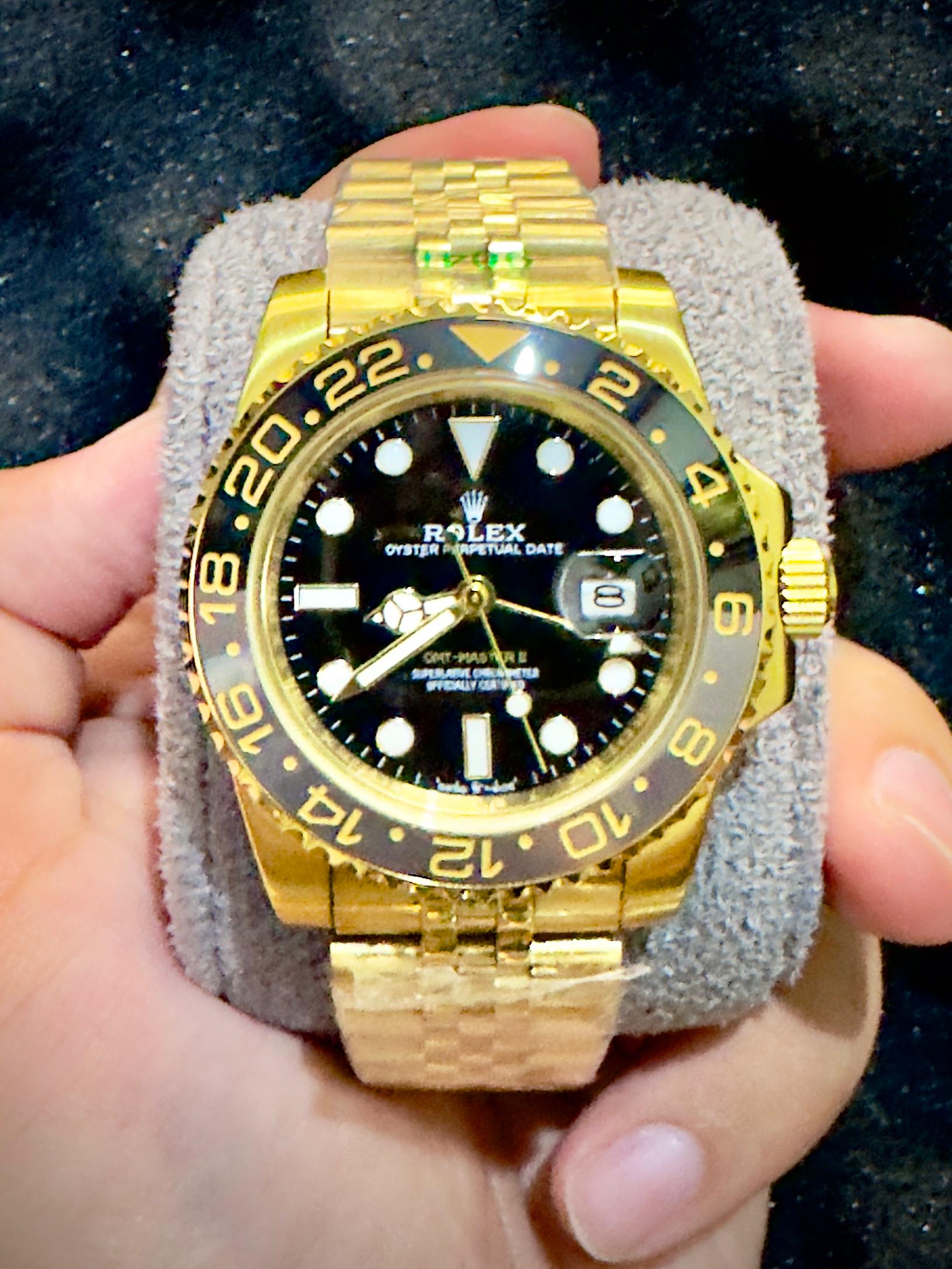 Luxury Gold Rolex-Style GMT Watch with Black Dial & Jubilee Bracelet