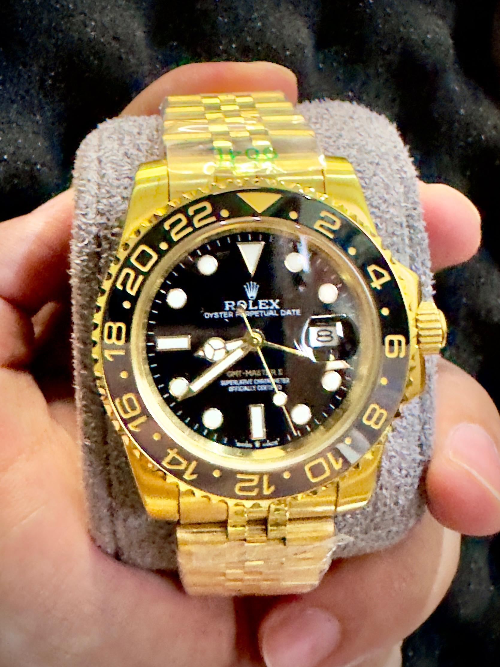 Luxury Gold Rolex-Style GMT Watch with Black Dial & Jubilee Bracelet