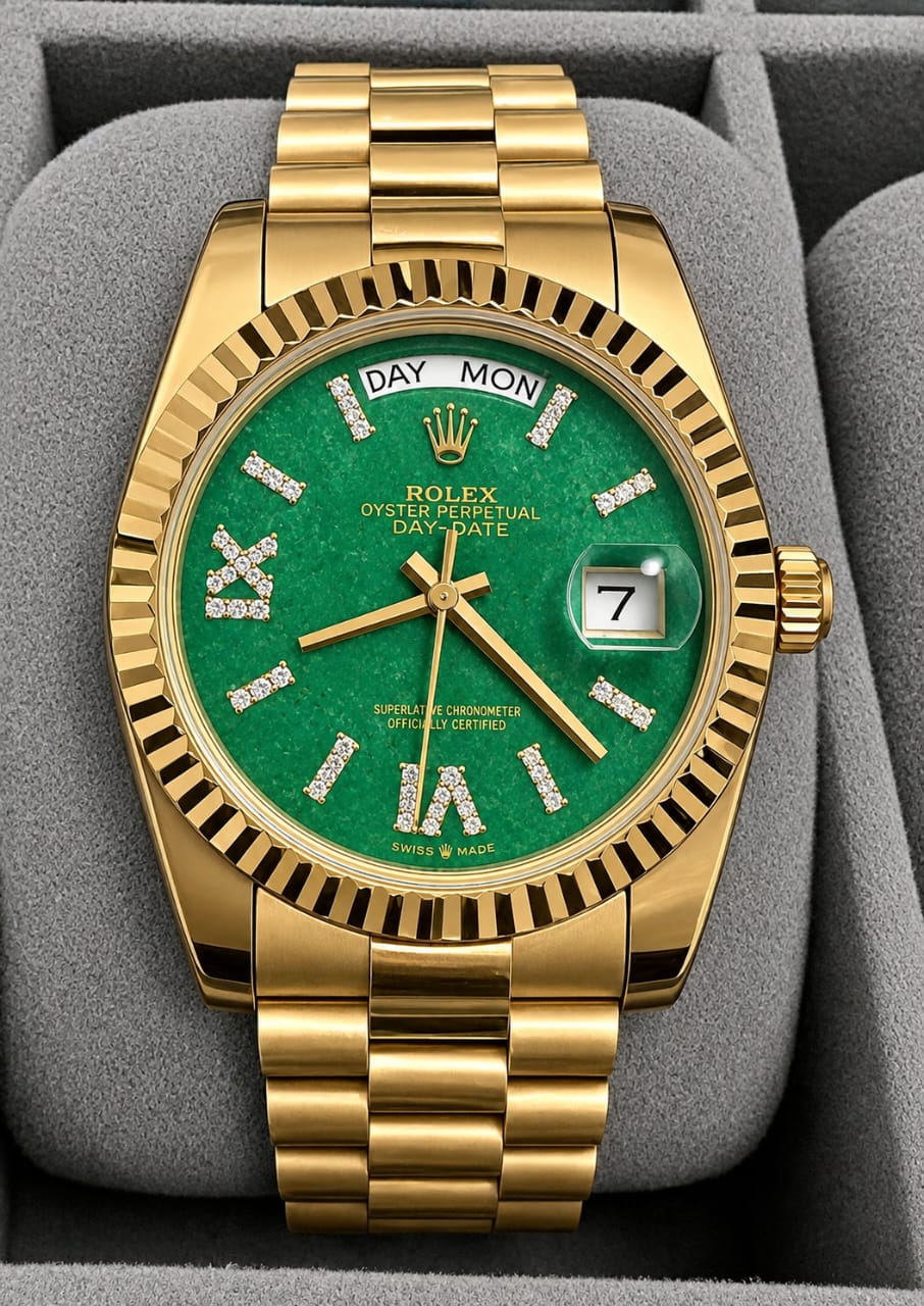 Luxury Gold-Tone Day-Date Watch with Emerald Green Dial & Fluted Bezel